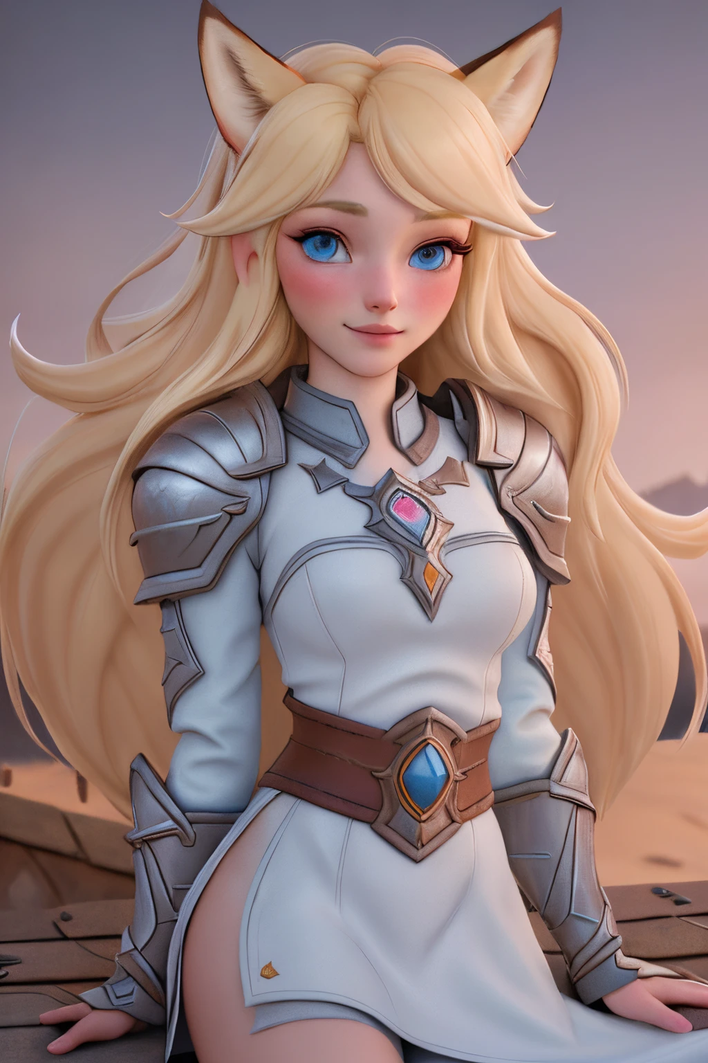 close up 1girl in, ager, Solo, Aesthetic artwork, blond, straight blonde hair, super long blonde hair, light blue eyes, some small freckles, pale skin, medium breasts, runners body, (thin hips, thin waist: 1.25), (arched back:1.12), detailed skin, neutral face, shy smile, (laying down: 1.25), wearing leather Warcraft armor, World of Warcraft for the alliance, Janea Proudmore, (dirty blond fox ear:1.25), (detailed Castle roof background:1.1), rooftop, overlooking medieval city, 24mm, 4k textures, soft cinematic light, RAW intricate, elegant, highly detailed, sharp focus, ((((cinematic look)))), soothing tones, insane details, intricate details, hyperdetailed, low contrast, soft cinematic light, dim colors, exposure blend, hdr, faded
