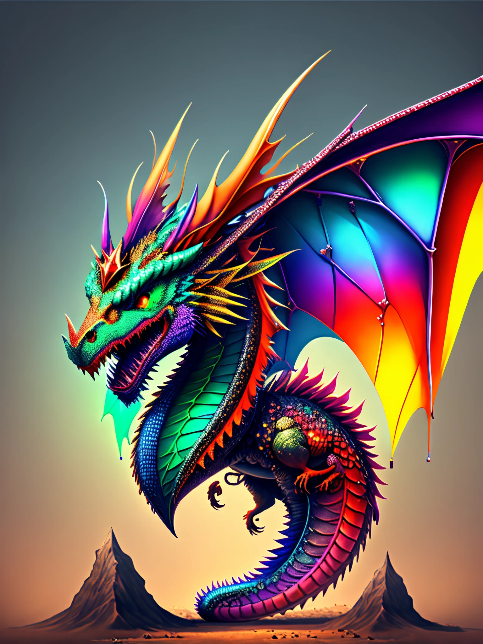 Fantasy、Fantasy、(whole body, detailed), ((Portrait of a dragon with colorful feathers:1.5)), photoRealistic, masterpiece: 1.2), (Highest quality, High resolution, 8K), (Realistic: 1.37), faint smoke, ultra detailed , Sharp focus, Bright Eyes, Scale and Texture, mysterious, Calm, Beautiful Landscape, Soft lighting, Vibrant colors, Rainbow and sunshine shining.16K, 超High resolution, Shining in rainbow colors、to be born,wonderful ,future、Iridescent、The world 30 years from now。
