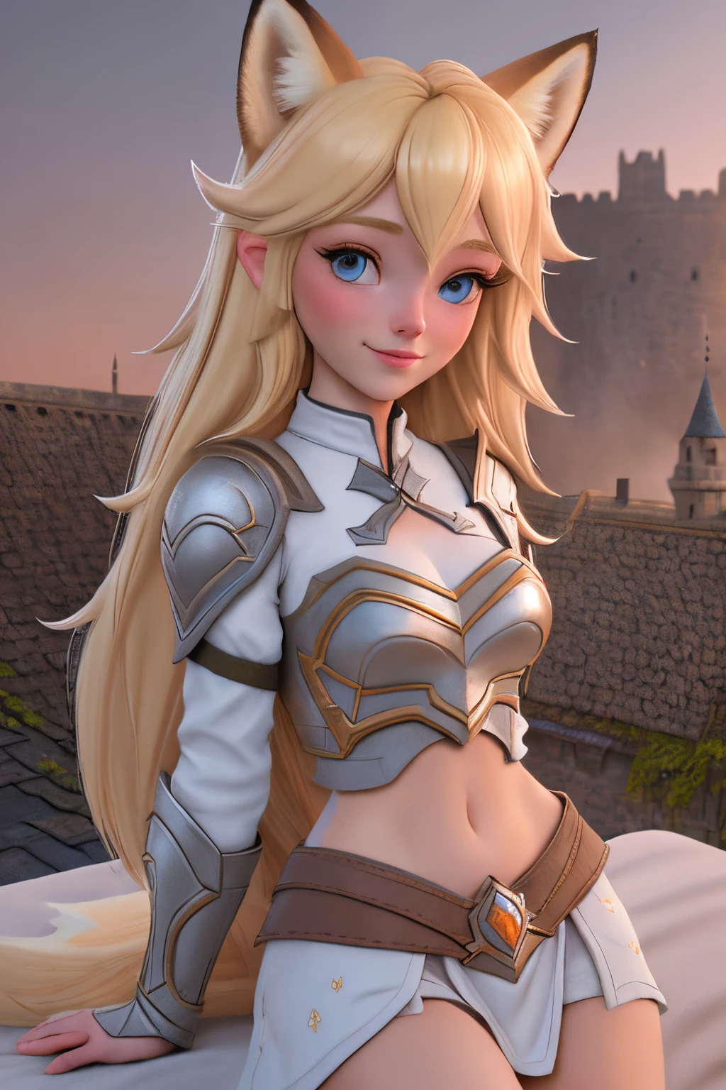 close up 1girl in, teenager, Solo, Aesthetic artwork, blond, straight blonde hair, super long blonde hair, light blue eyes,  some small freckles, pale skin, large breasts, runners body, (thin hips, thin waist: 1.25), (arched back:1.12), detailed skin, neutral face, shy smile, (laying down: 1.25), wearing leather Warcraft armor, World of Warcraft for the alliance, Janea Proudmore, (dirty blond fox ear:1.25), (detailed Castle roof background:1.1), rooftop, overlooking medieval city, 24mm, 4k textures, soft cinematic light, RAW intricate, elegant, highly detailed, sharp focus, ((((cinematic look)))), soothing tones, insane details, intricate details, hyperdetailed, low contrast, soft cinematic light, dim colors, exposure blend, hdr, faded