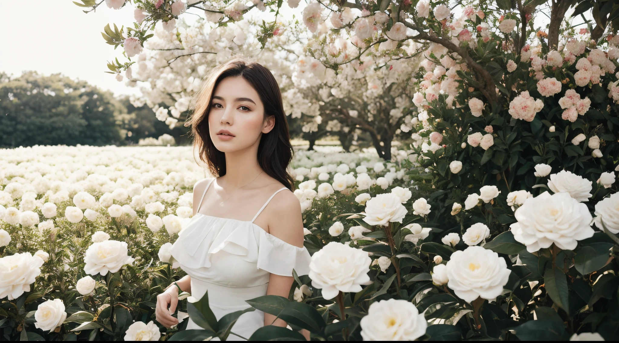 Beautiful European woman, in the middle of a field of white camellias, on a sunny morning, cinematic, photography, realistically
