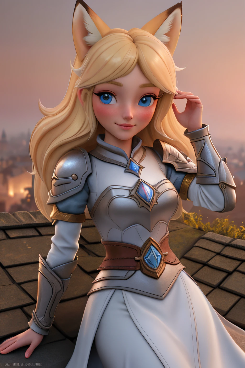 close up 1girl in, ager, Solo, Aesthetic artwork, blond, straight blonde hair, super long blonde hair, light blue eyes, some small freckles, pale skin, full medium breasts, runners body, (thin hips, thin waist: 1.25), (arched back:1.12), detailed skin, neutral face, shy smile, (laying down: 1.25), wearing leather Warcraft armor, World of Warcraft for the alliance, Janea Proudmore, (dirty blond fox ear:1.25), (detailed Castle roof background:1.1), rooftop, overlooking medieval city, 24mm, 4k textures, soft cinematic light, RAW intricate, elegant, highly detailed, sharp focus, ((((cinematic look)))), soothing tones, insane details, intricate details, hyperdetailed, low contrast, soft cinematic light, dim colors, exposure blend, hdr, faded