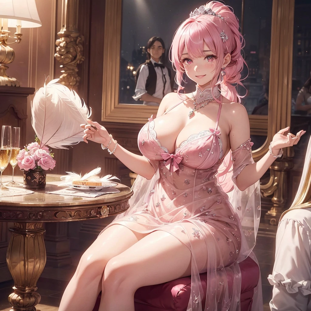 (8K, On the table, Best quality at best, Best quality at best, offcial art, Stunning beauty and aesthetics, A very detailed one, The best masterpiece in history that transcends the limits, Breathtaking and beautiful lights:1.2), 1 absolutely beautiful girl, Alone, Sixteen years old, (Fair and shiny skin), (Shiny pink double ponytail long curly hair, By bangs, feather hair:1.3), (Cute big pink eyes, eyes shedding tears:1.3), (Pink theme, Stunning see-through dress,Luxury details, Ultra-precision embroidered see-through lace, bow ribbon, Ultra-detailed embroidered see-through ruffles, Silver, pearls, diamond), (Beautiful and luxurious diamond tiara), (The room is breathtakingly beautiful:1.3), amazing scenery, Attractive, Amazing Cleavage, belo sorriso, gently smiling, The beautiful, Elegant, posh, a charming, a gorgeous, Striking, ultimate beauty, Supreme beauty, Ultimate beauty, Elegant, big breasts beautiful, gracefulness, everyone loves it, Beauty fascinates everyone's concern, recovered, The highest level of complete beauty, Cute as an idol, Stylish like a fashion model, a charming, Everyone is fascinated, Be loved, Cute Baby Turtle, cute big breasts, look at a camera, pretty pose, Happy, Congratulations, celebration, (light glow:1.5),