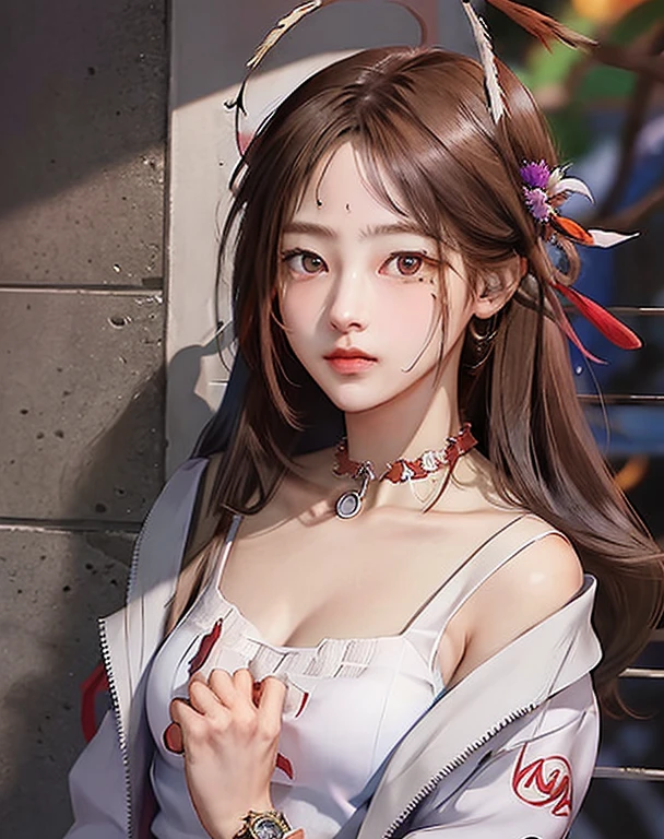 (masterpiece、top-quality、1girl、独奏、intricate detailes、chromatic abberation)、realisitic、((Medium Breath))、length hair、brown haired、Red headdress、pink highlights、Hair above one eye、a purple eye、耳环、sharp eye、a choker、Neon Shirt、Open jacket、croptop、(symmetrical eye)、(perfect symmetrical body)、walls、Brick Wall、doodle、dim lighting、alleyway、Watch your audience