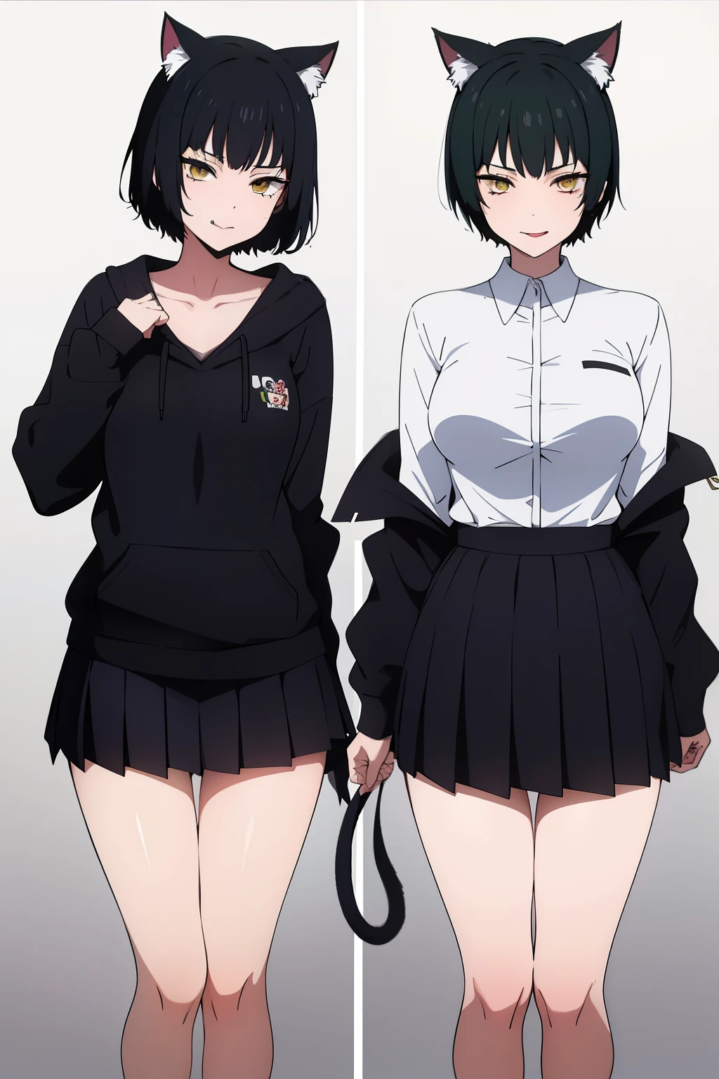 Cute girl, dark green hair, yellow eyes, short hair, cat ears, cat tail, cat collar, sexy ,beautiful eyes,Cute pause, full body,Draw hands better, dark green hair, beautiful smile,, draw the hand well, Lifting her ass, Tongue outside the mouth, bad girl,going to school,school, School clothes, Skirt + hoodie, High quality drawing