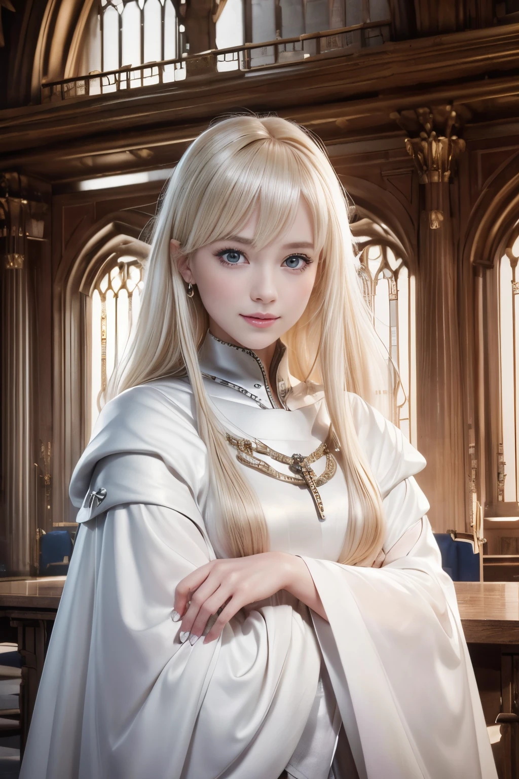 8K、Raw photography、top-quality、masterpiece:1.2)、(realisitic、Photorealsitic:1.37)、女の子1人、(beautifull detailed face、Golden Ratio Face、Balanced eyes、二重まぶた、lipgloss)、Beautiful detailed skin、Skin Texture、Professional Lighting、Happy smile、View photographer、Glowing white shiny skin、(Attractive Bright Natural Platinum Blonde Silky Hair 1.5)、(((Royalty in medieval Europe、royal princess、doress)))