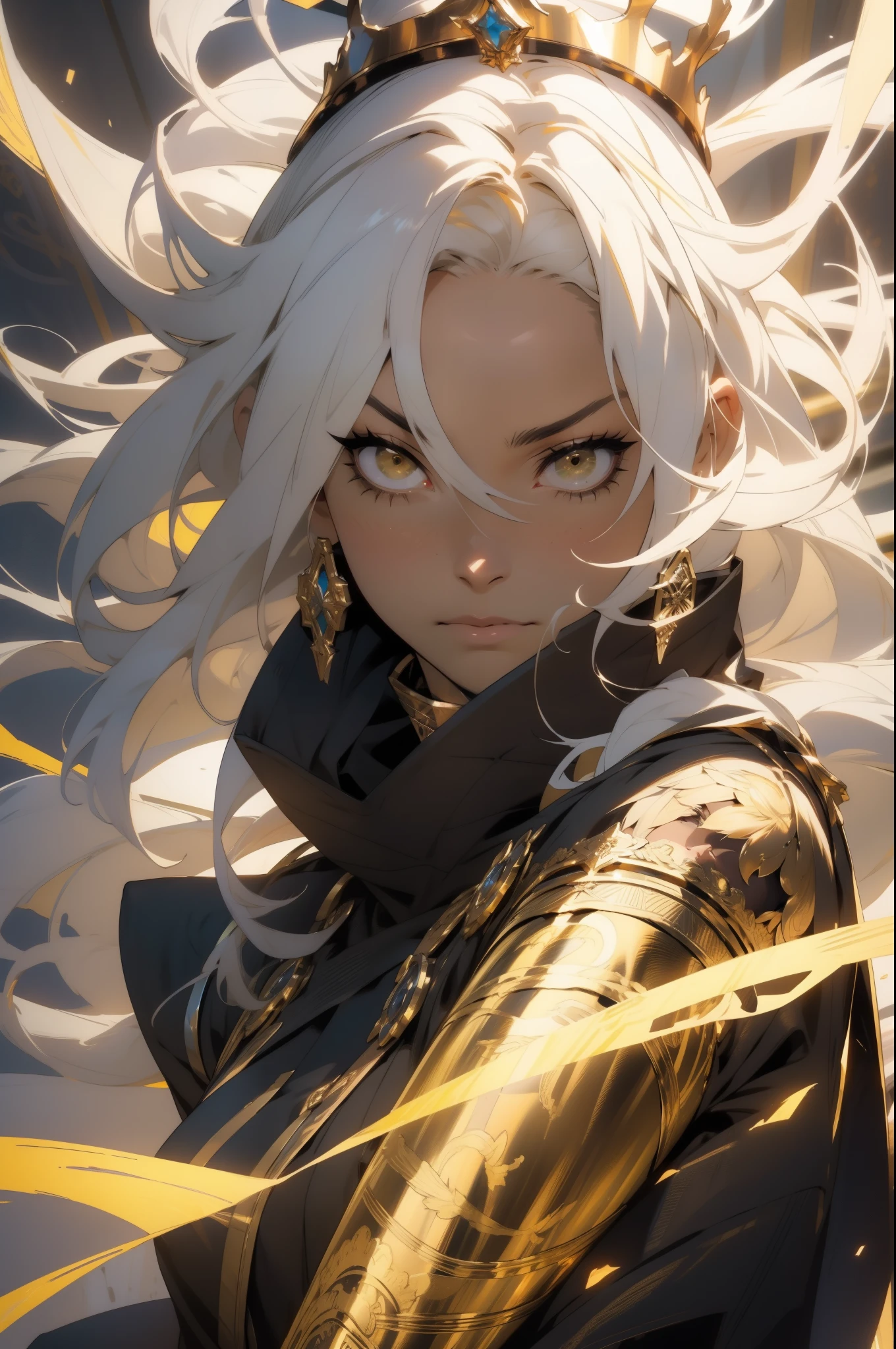 (looking at pov) highly detailed face, realistic face, (oversized clothes:1.2), miniskirt,  (dark coat with ornate golden embroidery, golden embellished), (white hair, golden streaks on hair), yellow eyes, thigh strap, (neo city), (clouds), add_detail:1, hair over one eye, largest_breasts!!, (ultra-detailed), hyper details, (intricate details), (cinematic light, best quality Backlights), from pov, perfect body, ), (crown: 1.1), Proud, high contrast, (best illumination, an extremely calm and beautiful),, brown skin, Daylight, 1girl, gold skin, jujutsu kaisen style, (masterpiece), best quality, Character casting a powerful magical spell., , Energy radiating from the character's body., Intense concentration on the character's face.
