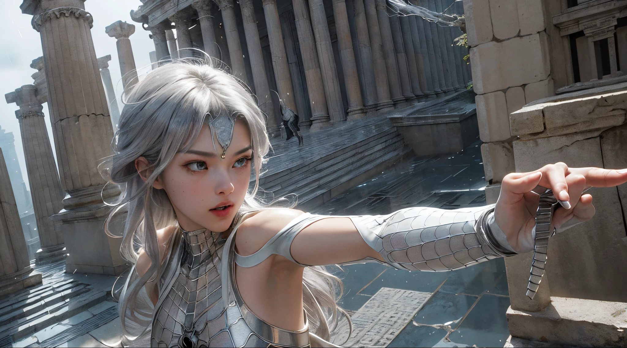 (Extreme Detail CG Unity 8K wallpaper, masterpiece, highest quality), (Exquisite lighting and shadow, highly dramatic picture, Cinematic lens effect), a beautiful girl in a white Spider-Man costume, silver gray hair color, long hair, from the Spider-Man parallel universe, Wenger, Marvel, Spider-Man, in the ancient temple, in the rain, very beautiful face, silver claws, dynamic pose), (excellent detail, excellent lighting, wide angle), (excellent rendego on ancient temple, enough to stand out in its class), focus on white Spider-Man costumes, complex spider textures