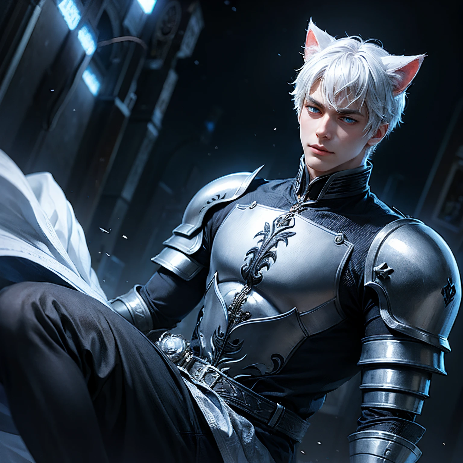 Man, young, boy, cat ear, neko, white hair, blue eyes, knight, armor