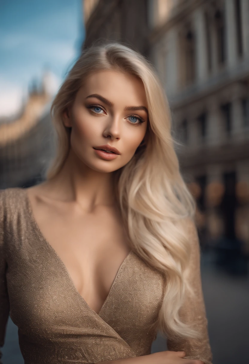 A poised and alluring woman with captivating blue eyes, resembling the ultra-realistic Sophie Mudd. Blonde girl, She wears natural makeup, exudes a sexy charm in a short dress, blonde hair color and poses in London bridge setting with a prominent bust.