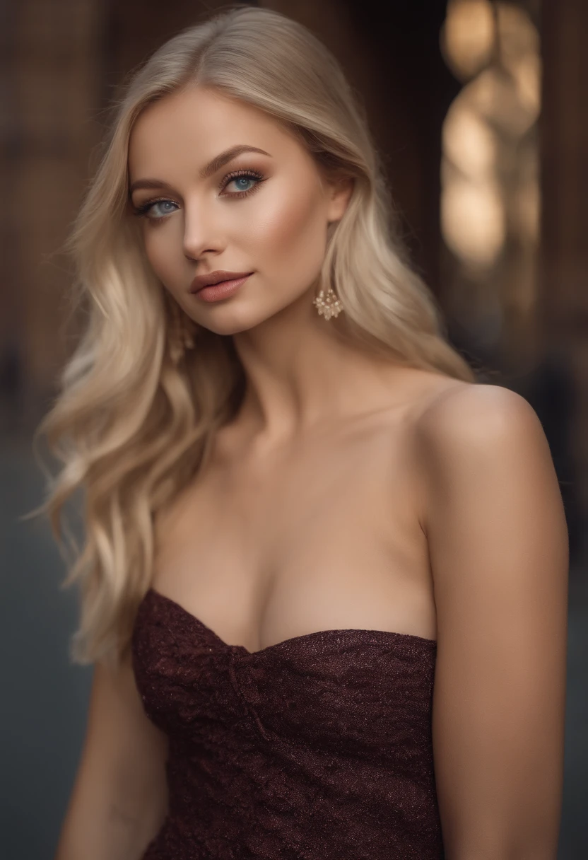 A poised and alluring woman with captivating blue eyes, resembling the ultra-realistic Sophie Mudd. Blonde girl, She wears natural makeup, exudes a sexy charm in a short dress, blonde hair color and poses in London bridge setting with a prominent bust.