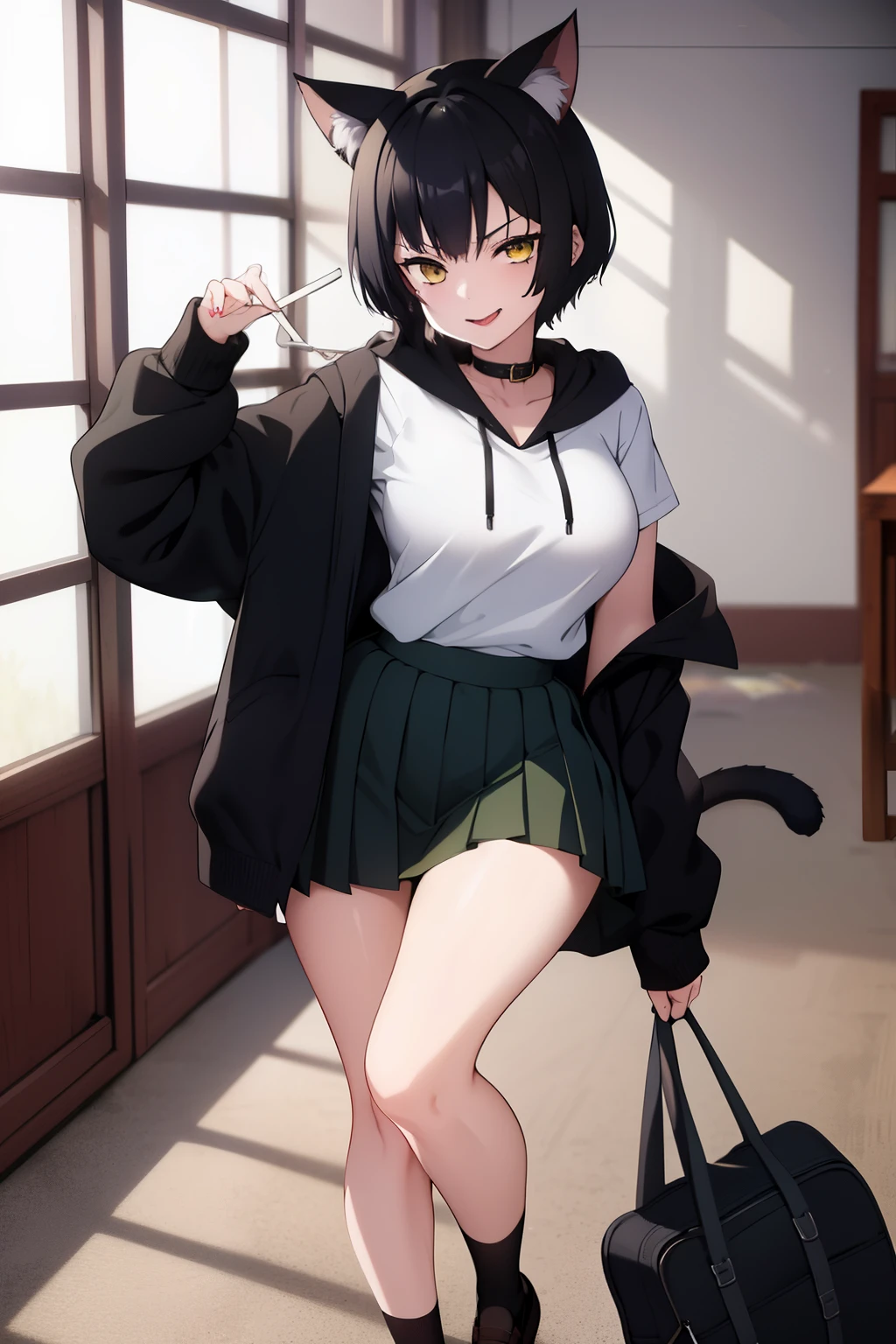 Cute girl, dark green hair, yellow eyes, short hair, cat ears, cat tail, cat collar, sexy ,beautiful eyes,Cute pause, full body,Draw hands better, dark green hair, beautiful smile,, draw the hand well, Lifting her ass, Tongue outside the mouth, bad girl,going to school,school, School clothes, Skirt + hoodie, High quality drawing