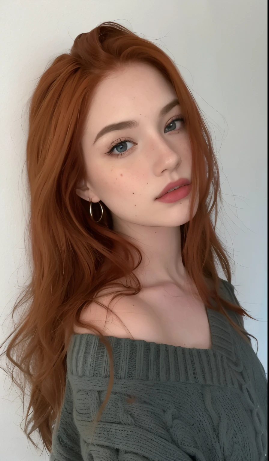 A closeup of a woman with long red hair wearing a sweater, cabeza roja, pelo rojo y pecas, mejillas rojas, with pale skin, 2 4 year old female model, Pelo de jengibre salvaje, piel suave y roja, Pelo de jengibre con pecas, Chica pelirroja, Cabello rojo suave, Amouranth, Anna Nikolanova aka Newmilky, pale fair skin!!, Ella es pelirroja