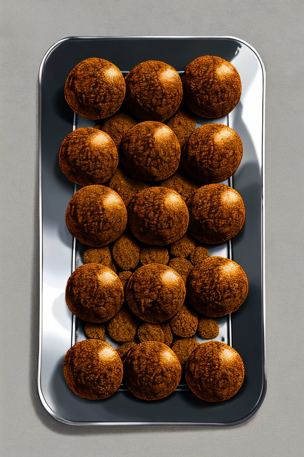 excrement,There are brown mud balls on a silver plate.,high-level image quality,hightquality,hiquality,brown mud dumplings,mud,Silver tray,defecate,