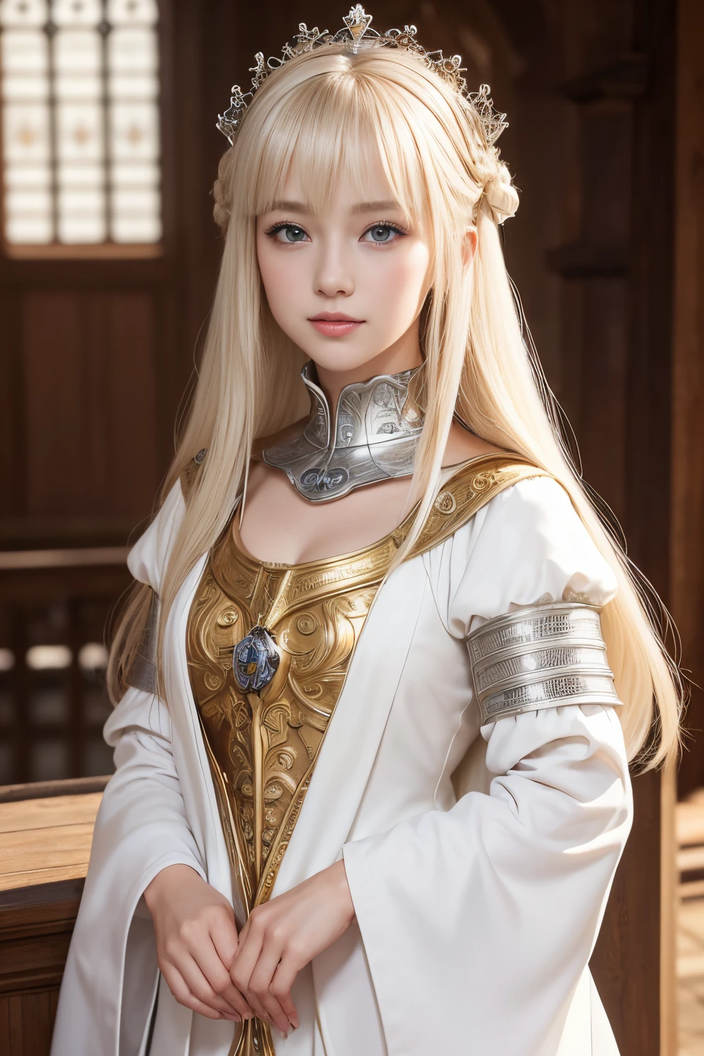 8K、Raw photography、top-quality、masterpiece:1.2)、(realisitic、Photorealsitic:1.37)、1人、(beautifull detailed face、Golden Ratio Face、Balanced eyes、二重まぶた、lipgloss)、Beautiful detailed skin、Skin Texture、Professional Lighting、Happy smile、View photographer、Glowing white shiny skin、(Attractive Bright Natural Platinum Blonde Silky Hair 1.5)、(((Royalty in medieval Europe、royal princess、doress)))、fantasy worlds