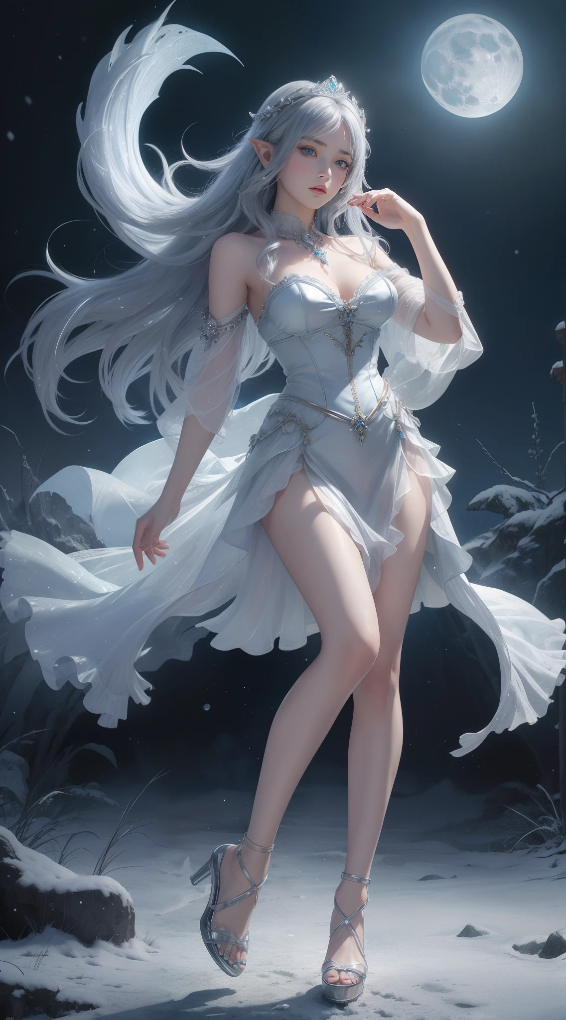 tmasterpiece,Highest image quality,Beautiful full body portrait of noble elf girl,Delicate silver hairstyle,clear sky blue eyes,Various well-made jewelry gauze skirts,heeled sandals,snowy desert,Moonlight super detailed,advanced。At the Pixiv Art Station,Break your own power,Luigi,Big breasts exposing cleavage,R-18G