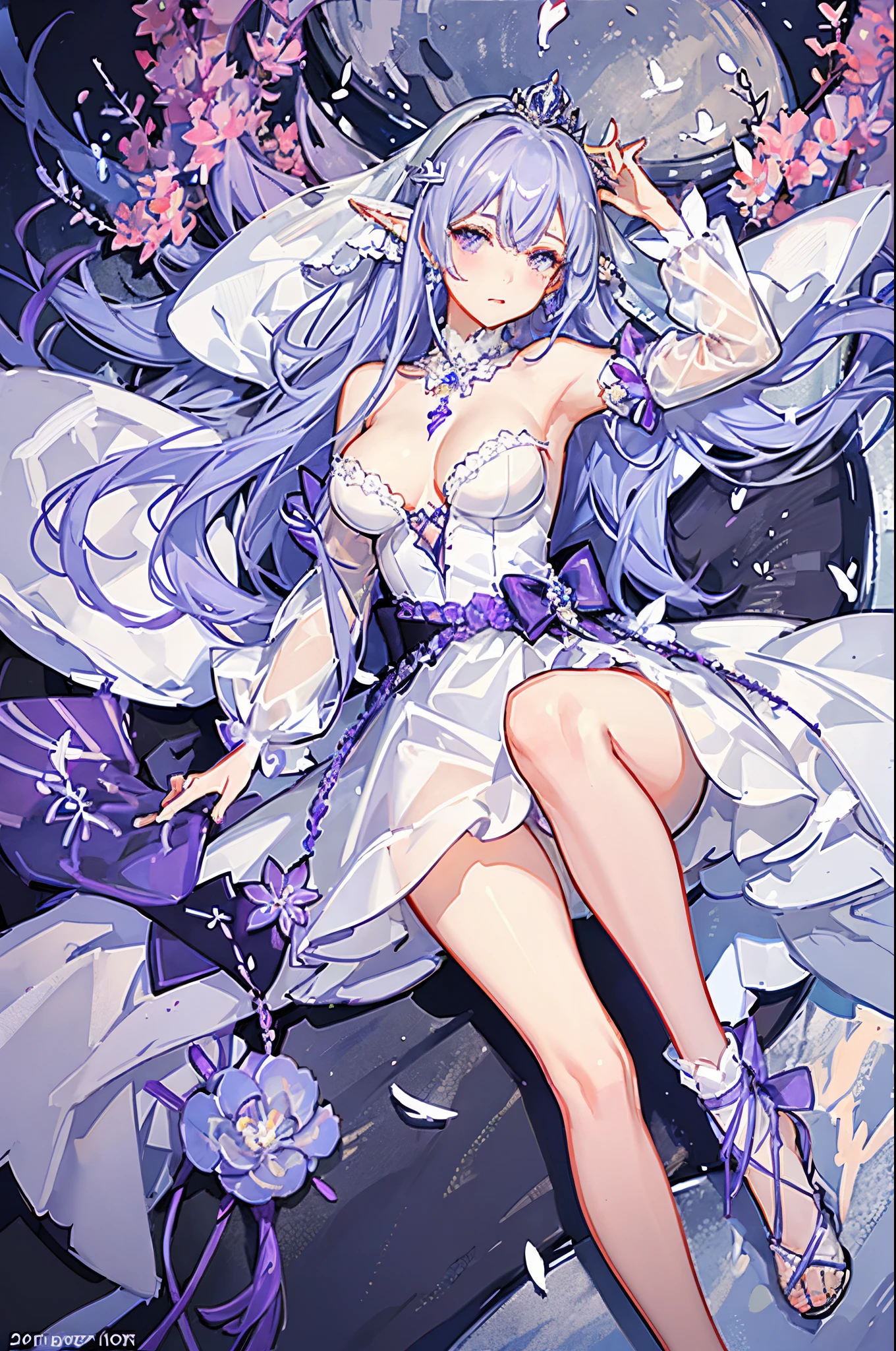 Emilia princess from Re:Zero kara Hajimeru Isekai Seikatsu, half elf, ((gorgeous white and purple elegant silk wedding dress, holding a bunch of clematis, silk accesory, veil, silver necklace, diamond ring, flower earring, belt, collar, silver crown, silk long sleeves)), grace hair style, garden background, ((perfect body shape, medium breast, empress and forzen aura, flower and feather flying effect, clean detailed skin, silver and light purple pupil, blush)),  best quality anime 16k wallpaper quality, extreme eye and body detail, spiral energetic girl, spirit around, high resolution , masterpieces, ultra lighting,