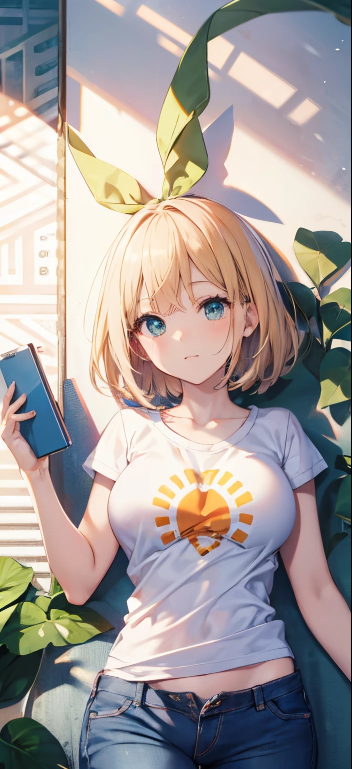 (masutepiece), Mature Schoolgirl, Sexy, posterior, white t-shirts、Natural light, Photorealistic, Cameltoe, diffuse glow, depth of fields, Green Ribbon、orange、a short bob、Wearing jeans、