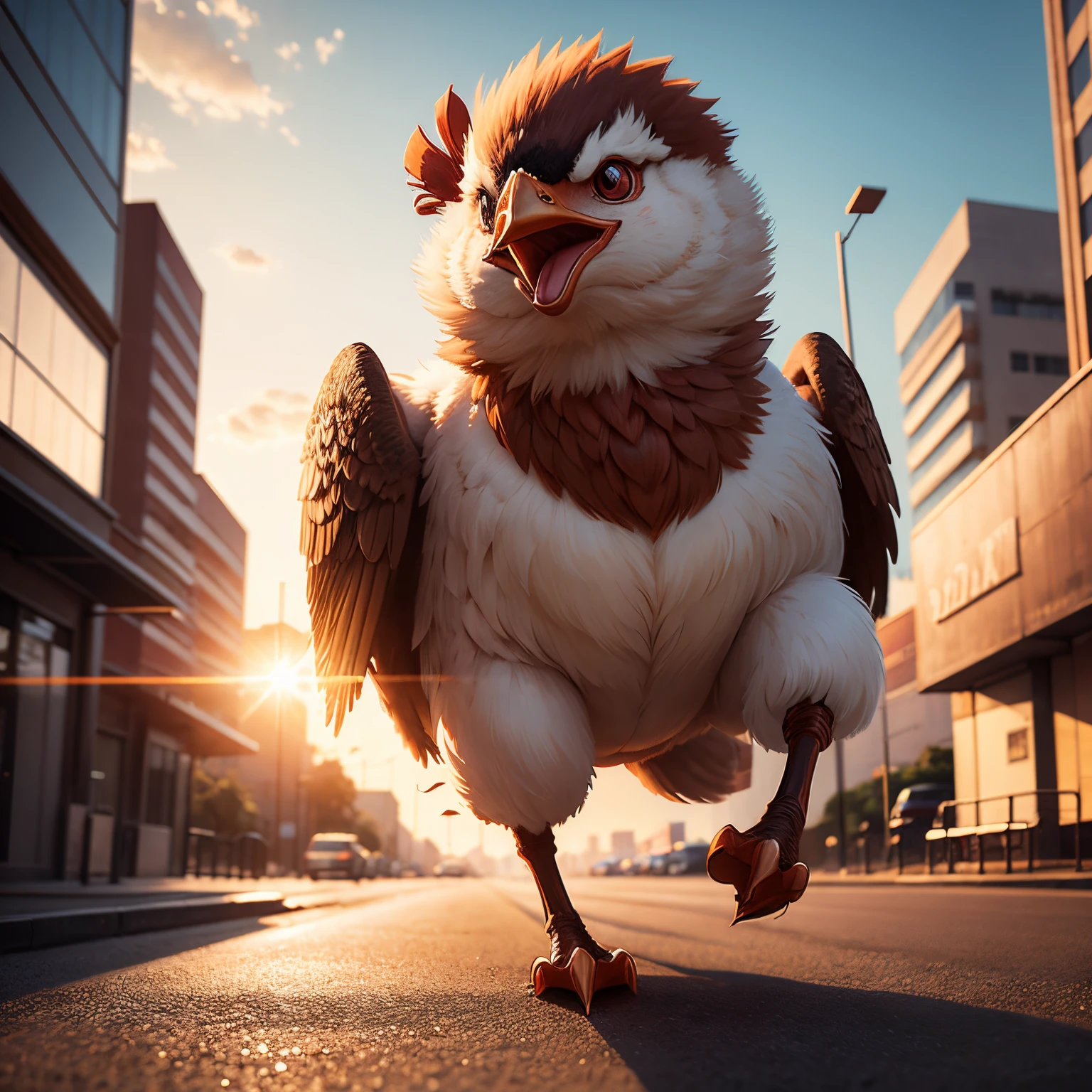 super high quality, deformed manga drawing style, A turkey running away looking desperate not to be eaten. background in city, professional flare lighting