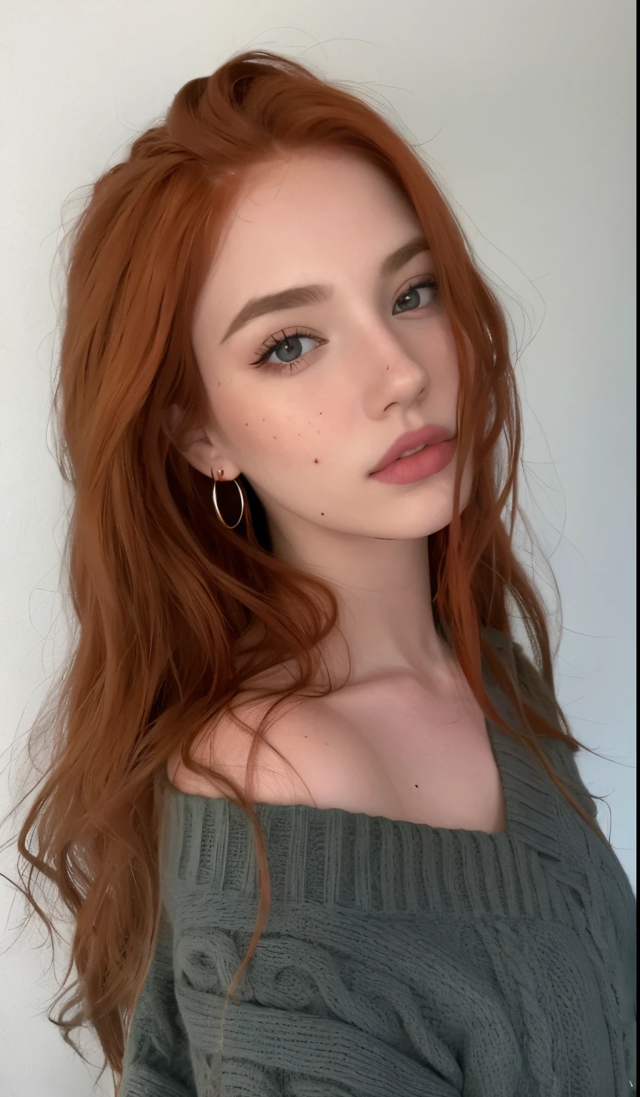 A closeup of a woman with long red hair wearing a sweater, cabeza roja, pelo rojo y pecas, mejillas rojas, with pale skin, 2 4 year old female model, Pelo de jengibre salvaje, piel suave y roja, Pelo de jengibre con pecas, Chica pelirroja, Cabello rojo suave, Amouranth, Anna Nikolanova aka Newmilky, pale fair skin!!, Ella es pelirroja
