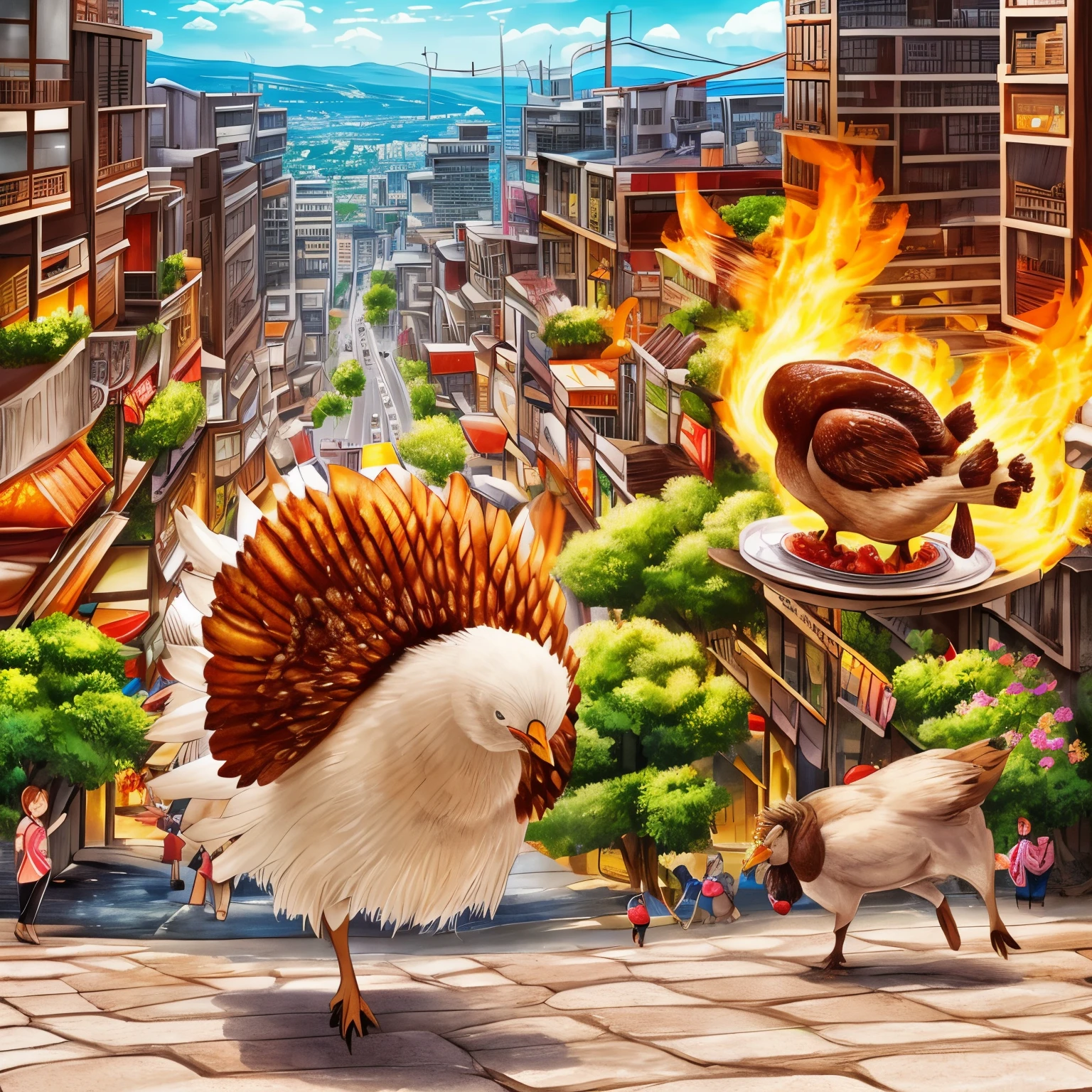 super high quality, deformed manga drawing style, (The turkey runs away sweating:1.3), A fat old lady wearing an apron chases after her with a desperate look on her face, background in city, (magnificent view:1.3), professional flare lighting