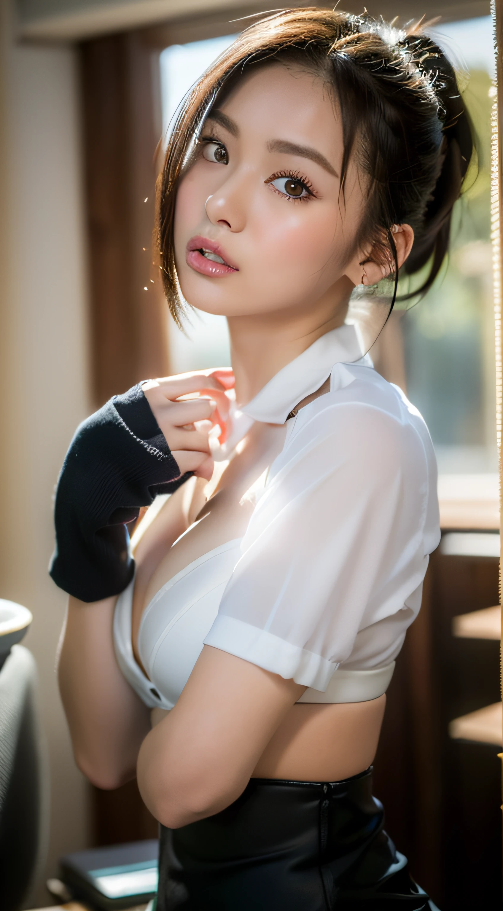 (in 8K、RAW shooting、top-quality、masuter piece:1.2)、ultra-detailliert、ultra res、(realisitic、rialistic photo:1.37)、portlate、high-definition RAW color photography、Professional Photography、highly detailed and beautiful、ighly detailed、8K Picture Wallpaper、amazing detailed、huge filesize、Official art、Highly detailed CG Unity 8K wallpapers、highly detailed beautiful girl、extra detailed face、extremely detailed eye、highlydetailed skin、extremely detailed fingers、highly detailed nose、very detailed detailed mouth、Perfect Anatomy、细致背景、Detailed clothing、1人、(20:1.2)、in her 20s、Cute litRealistic body、小柄、de pele branca、glistning skin、Slim body、A dark-haired、((short-hair))、((poneyTail))、(bluntbangs: 1.4)、kawaii faces、Lifelike face、Delicate eyes、Sauce order、((Stylish office))、((Officelady))、(((no-bra)))、(((White on black suitYThe shirt)))、((Black mini skirt))、((Black stockings))、((standing athletic pose))、((Cross legs))、((FULL BODYSy Bose with ballpoint pen in mouth))、耳Nipple Ring、a necklace、Looking at the camera、cowboy shot、((front facing))、Contrapo、动态照明、((D cup with firmness))、