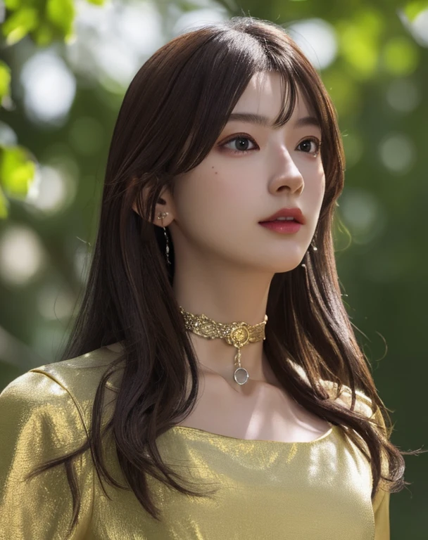 Photorealistic, masutepiece, Best Quality, Raw photo, 1girl in, Solo, Long hair, Brown hair,  Detailed face, alluring face, 耳环、sharp eye、a choker、Neon Shirt、Open jacket、croptop, medium breasts, Dynamic Pose, Looking at Viewer, From below, Detailed background, fine detailed, intricate detailes,  Ray tracing, depth of fields, lowkey, nffsw