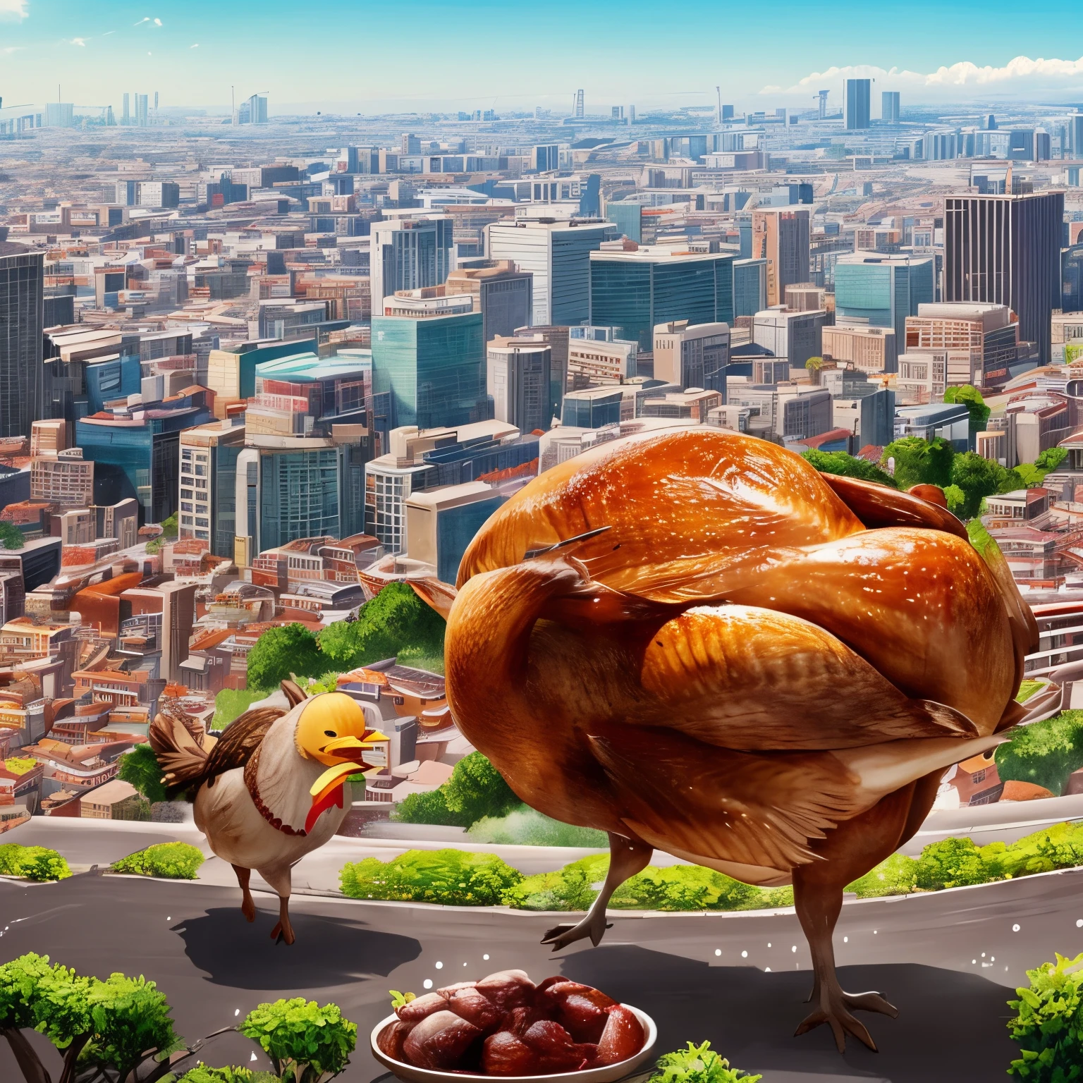 super high quality, deformed manga drawing style, (The turkey runs away sweating:1.3), A fat old lady wearing an apron chases after her with a desperate look on her face, background in city, (magnificent view:1.3), professional flare lighting