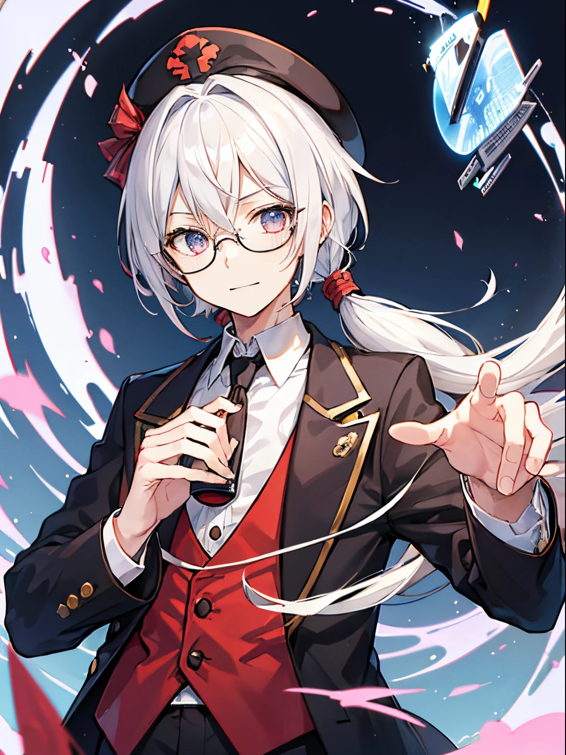 （masutepiece）（high-detail）male in his 20s、white  hair、poneyTail、Hats、tailcoat、neck tie、He wears round glasses with no rims、holding a smartphone in one hand、bright expression、Happily、Background with（It&#39;s like science fiction、Computer LCD screen is floating、Trying to touch the LCD screen with one hand）