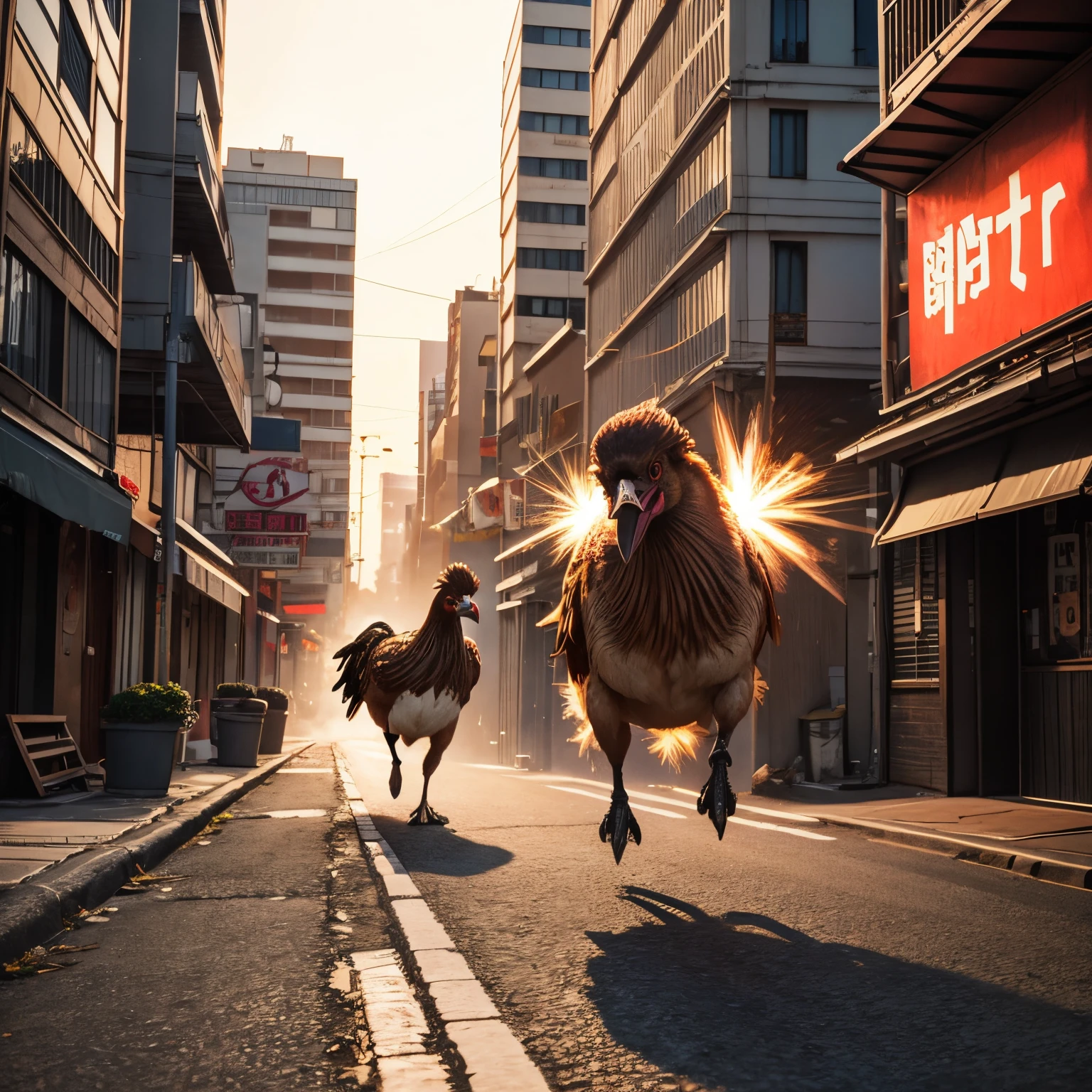 A picture of a chicken-shaped weapon of mass destruction destroying a city