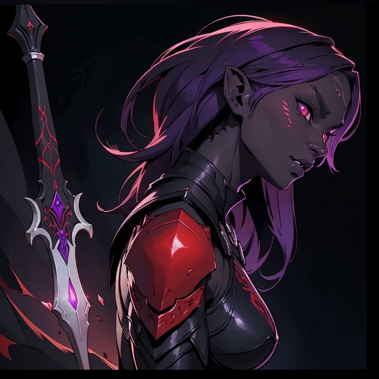No_text, black_Skin, (((Drow))), medium_Breast, HD, rich color, detail, light, masterpiece, masterpiece, fantasy art, epic exquisite character art, stunning characters, (reference sheet:1.2), blood red eyes, fangs, dark_deep_purple_hair, Concept art, front_view, right_side, left_Side,1girl, black_skin, evil_scary_armour, dark_elfl,muscular, tone, a young female warrior, armor is monsterous , red eyes, fierce, dark purple eyes, fangs, arming sword, kite_shield