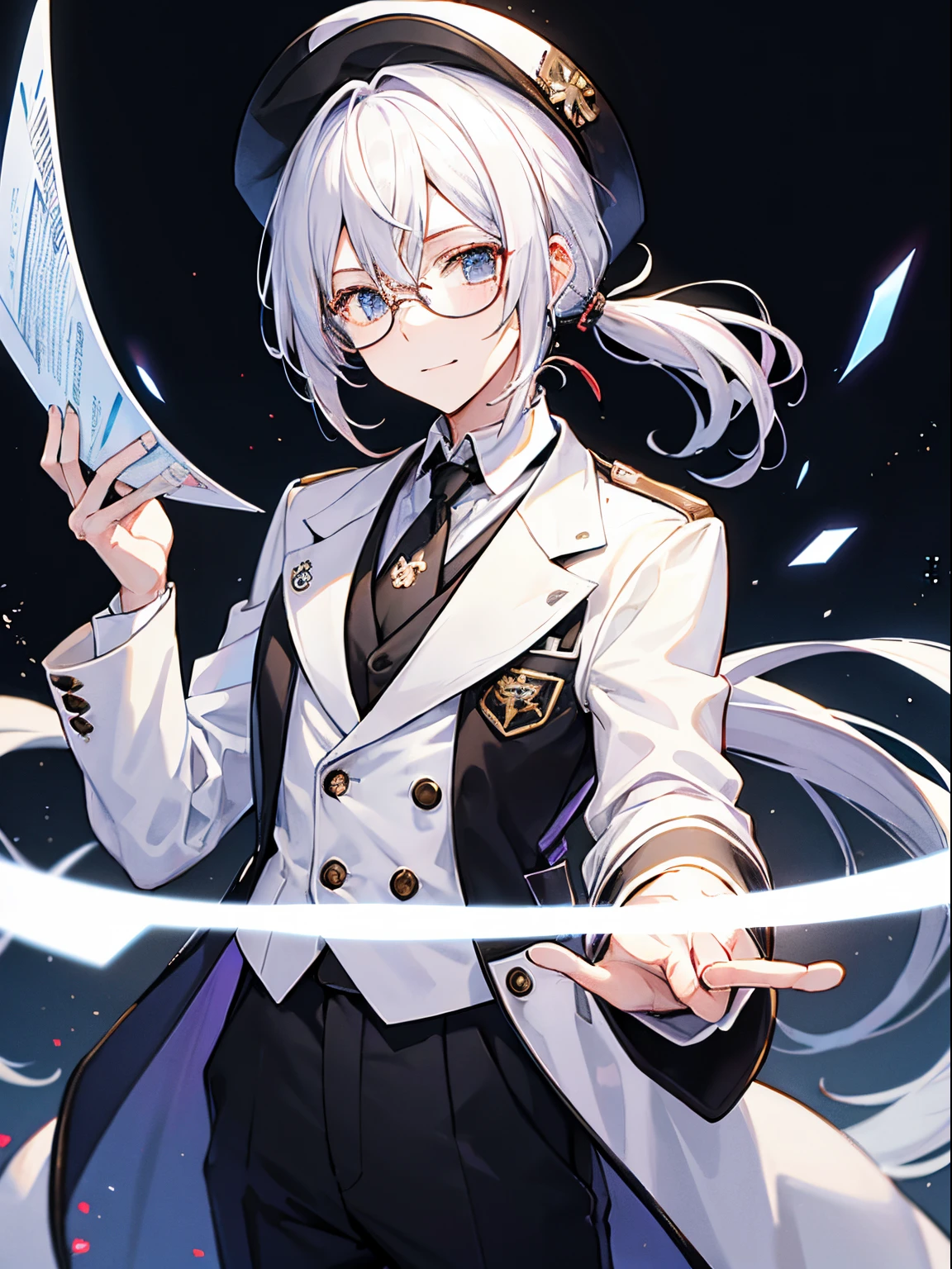 （masutepiece）（high-detail）male in his 20s、white  hair、poneyTail、Hats、tailcoat、neck tie、He wears round glasses with no rims、holding a smartphone in one hand、bright expression、Happily、Background with（It&#39;s like science fiction、Computer LCD screen is floating、Trying to touch the LCD screen with one hand）