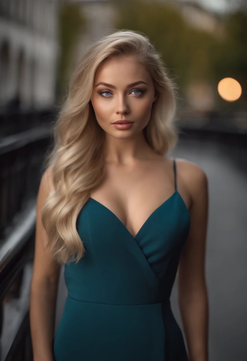 A poised and alluring woman with captivating blue eyes, resembling the ultra-realistic Sophie Mudd. Blonde girl, She wears natural makeup, exudes a sexy charm in a short dress, blonde hair color and poses in London bridge setting with a prominent bust.