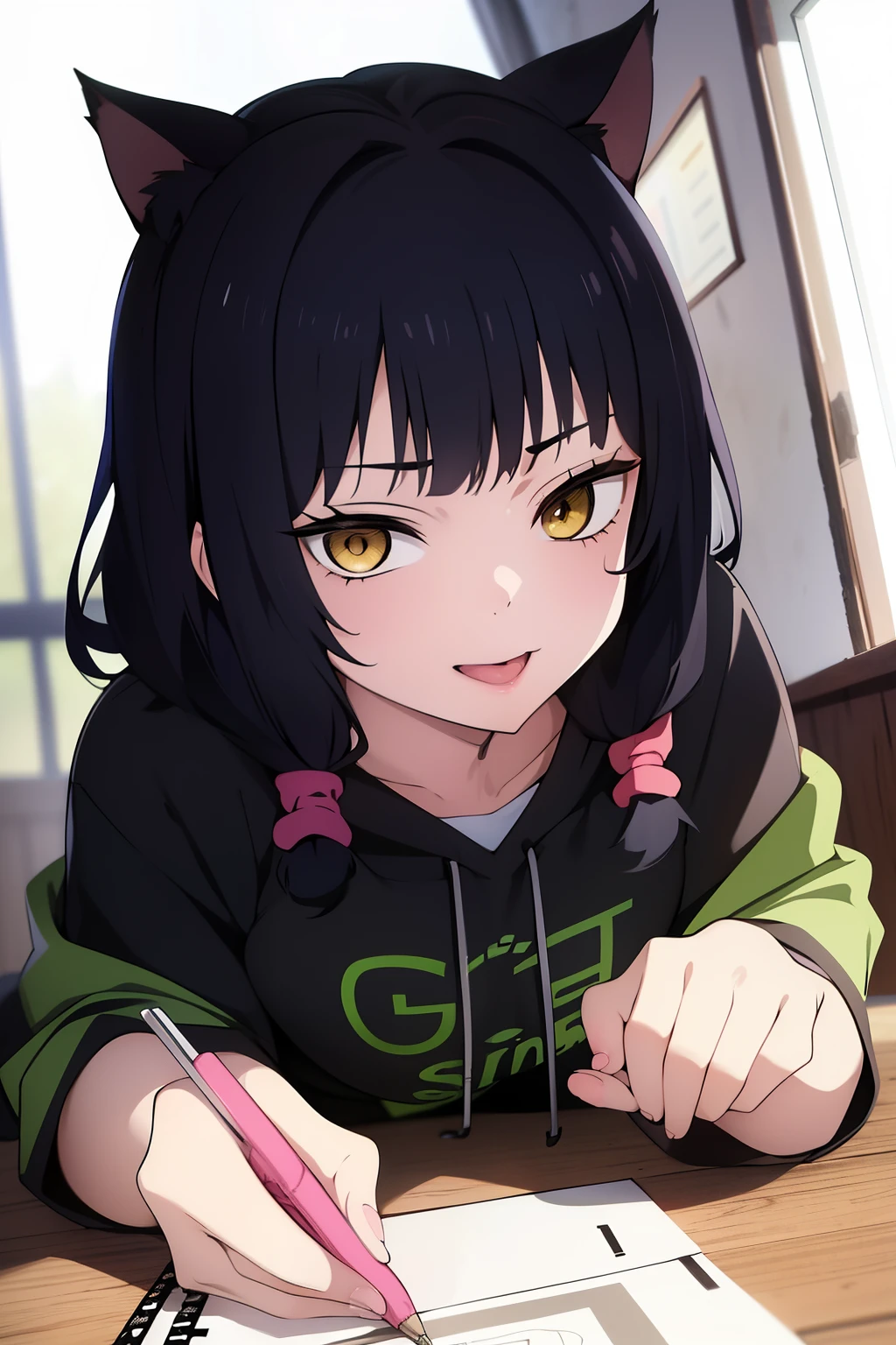 Cute girl, dark green hair, yellow eyes, short hair, cat ears, cat tail, cat collar, sexy ,beautiful eyes,Cute pause, full body,Draw hands better, dark green hair, beautiful smile,, draw the hand well, Lifting her ass, Tongue outside the mouth, bad girl,going to school,school, School clothes, Skirt + hoodie, High quality drawing, She crawls on the ground like a cat and puts her hand near her mouth. There is nothing in the background, an empty background