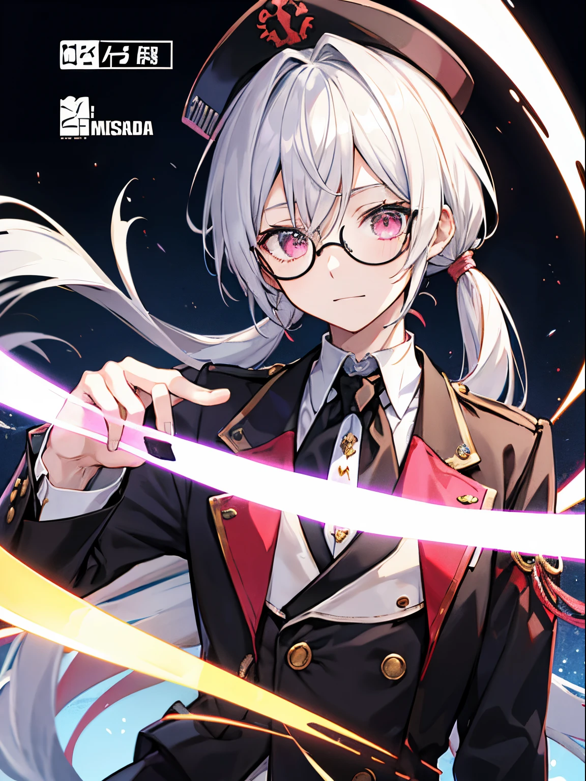 (masutepiece)(high-detail)male in his 20s、white hair、poneyTail、Hats、tailcoat、neck tie、He wears round glasses with no rims、holding a smartphone in one hand、bright expression、Happily、Background with(It's like science fiction、Computer LCD screen is floating、Trying to touch the LCD screen with one hand)