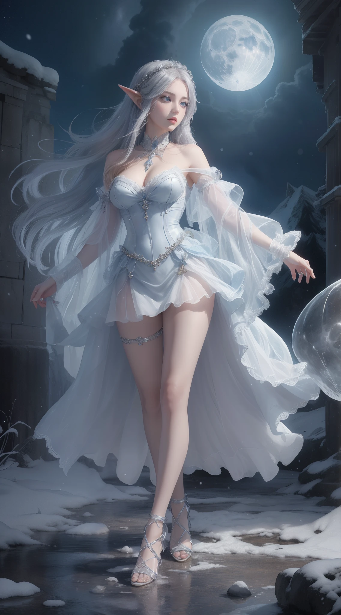 tmasterpiece,Highest image quality,Beautiful full body portrait of noble elf girl,Delicate silver hairstyle,clear sky blue eyes,Various well-made jewelry gauze skirts,heeled sandals,snowy desert,Moonlight super detailed,advanced。At the Pixiv Art Station,Break your own power,Luigi,Big breasts exposing cleavage,R-18G