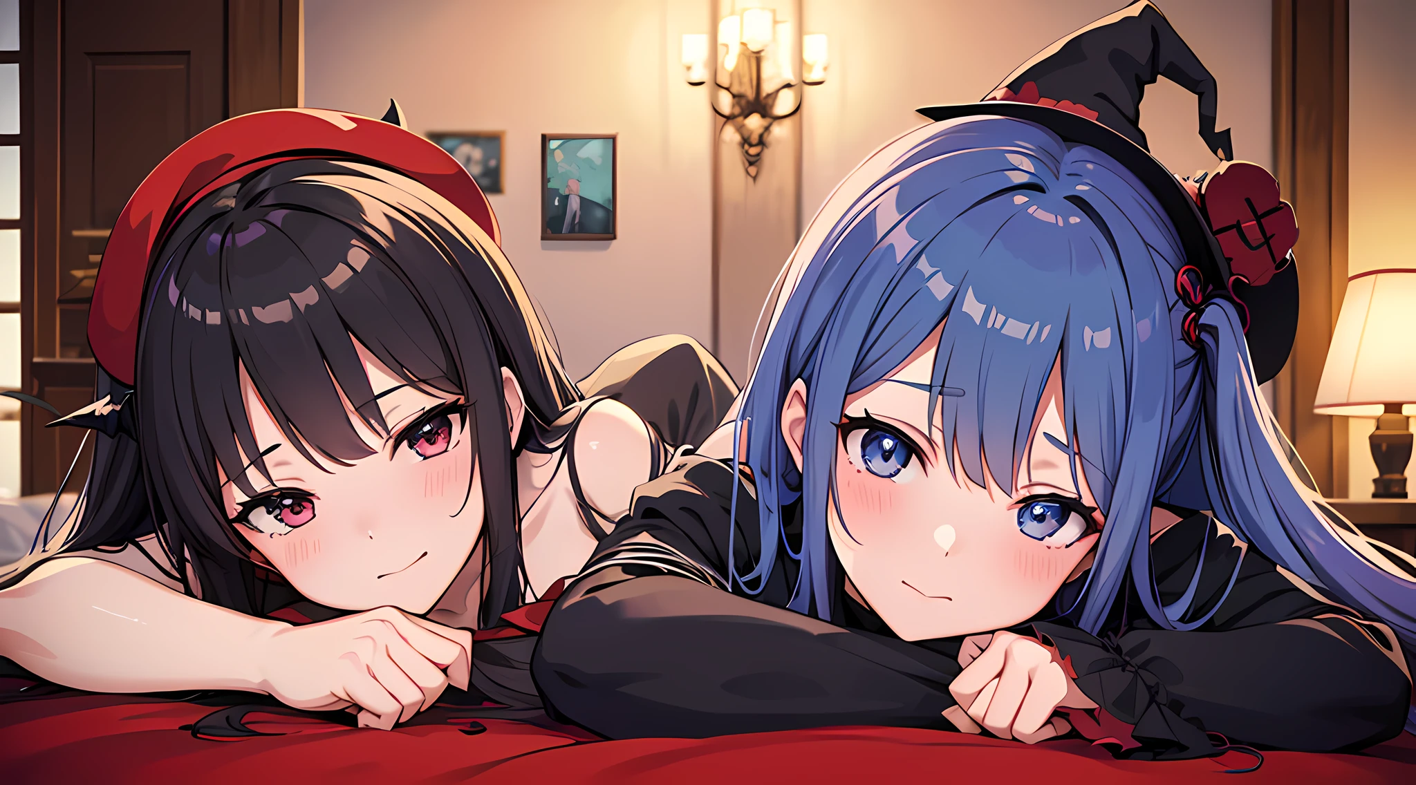 four anime witch girls are posing for a picture in living room, blushed face, beautiful eyes finely detailed, face to detail, normal breast, witch hat, witch long dress, close up anime illustration, a picture by Shitao, background is medieval castle room pixiv, auto-destructive art, mika kurai demon, azur lane style, demon anime girl, kantai collection style, anime girls, devil smile