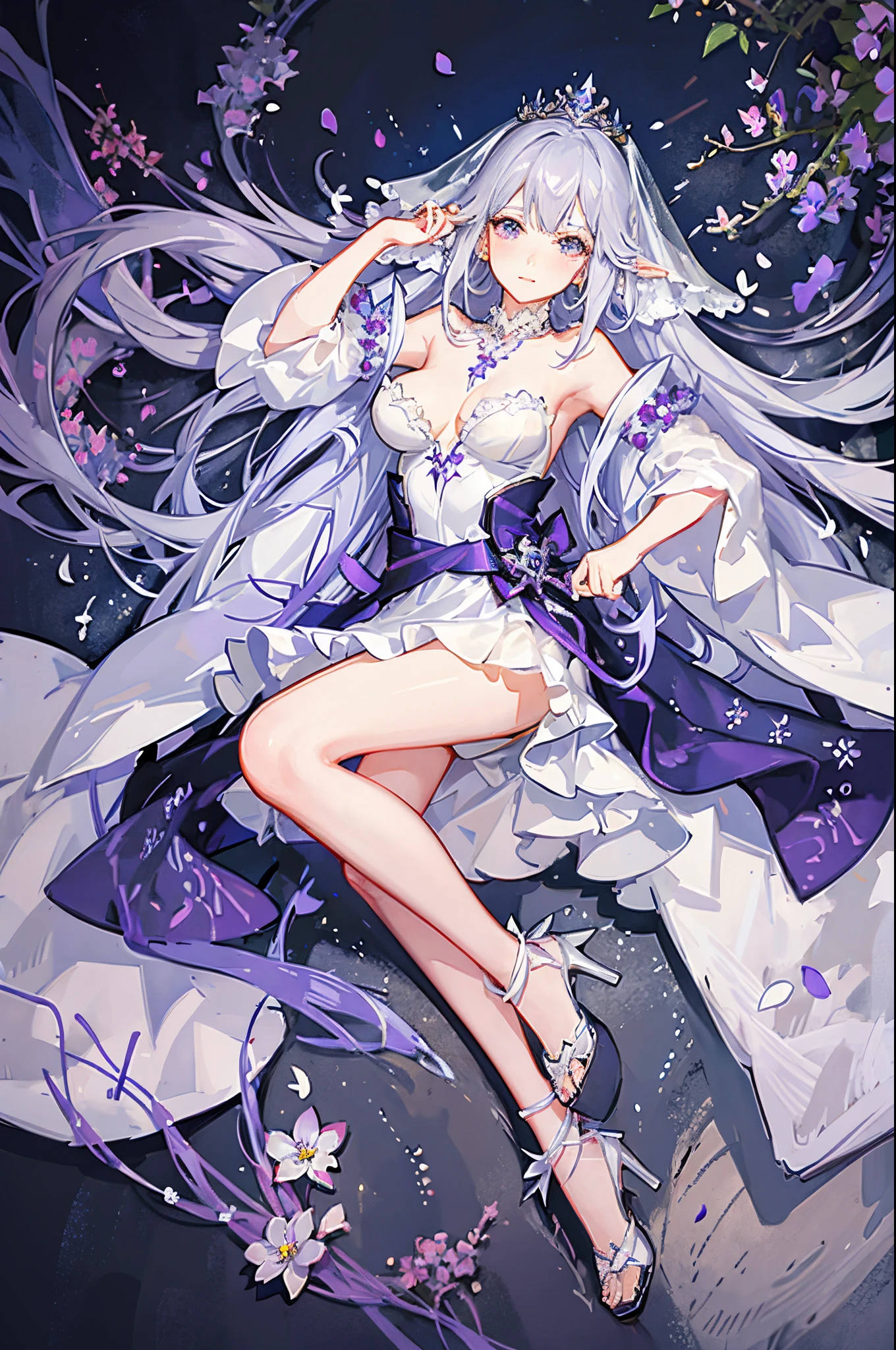 Emilia princess from Re:Zero kara Hajimeru Isekai Seikatsu, half elf, ((gorgeous white and purple elegant silk wedding dress, holding a bunch of clematis, silk accesory, veil, silver necklace, diamond ring, flower earring, belt, collar, silver crown, silk long sleeves)), grace hair style, garden background, ((perfect body shape, medium breast, empress and forzen aura, flower and feather flying effect, clean detailed skin, silver and light purple pupil, blush)),  best quality anime 16k wallpaper quality, extreme eye and body detail, spiral energetic girl, spirit around, high resolution , masterpieces, ultra lighting,