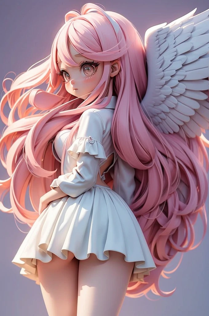 girl with,Rear view,length hair,Angel wings,pink there,Background white,full bodyesbian