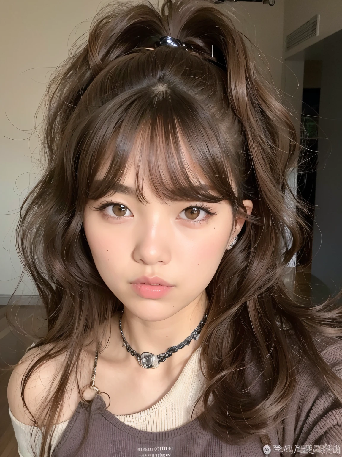 Un primer plano de una mujer con cabello largo con un collar, ulzzang, flequillo esponjoso, maquillaje popular de Corea del Sur, maquillaje coreano popular, auburn hair with bangs, brown bangs, Cabello limpio con flequillo, brown hair and bangs, Chica coreana, Sakimichan, Joven y adorable rostro coreano, brown long hair with bangs, Lalisa Manobal