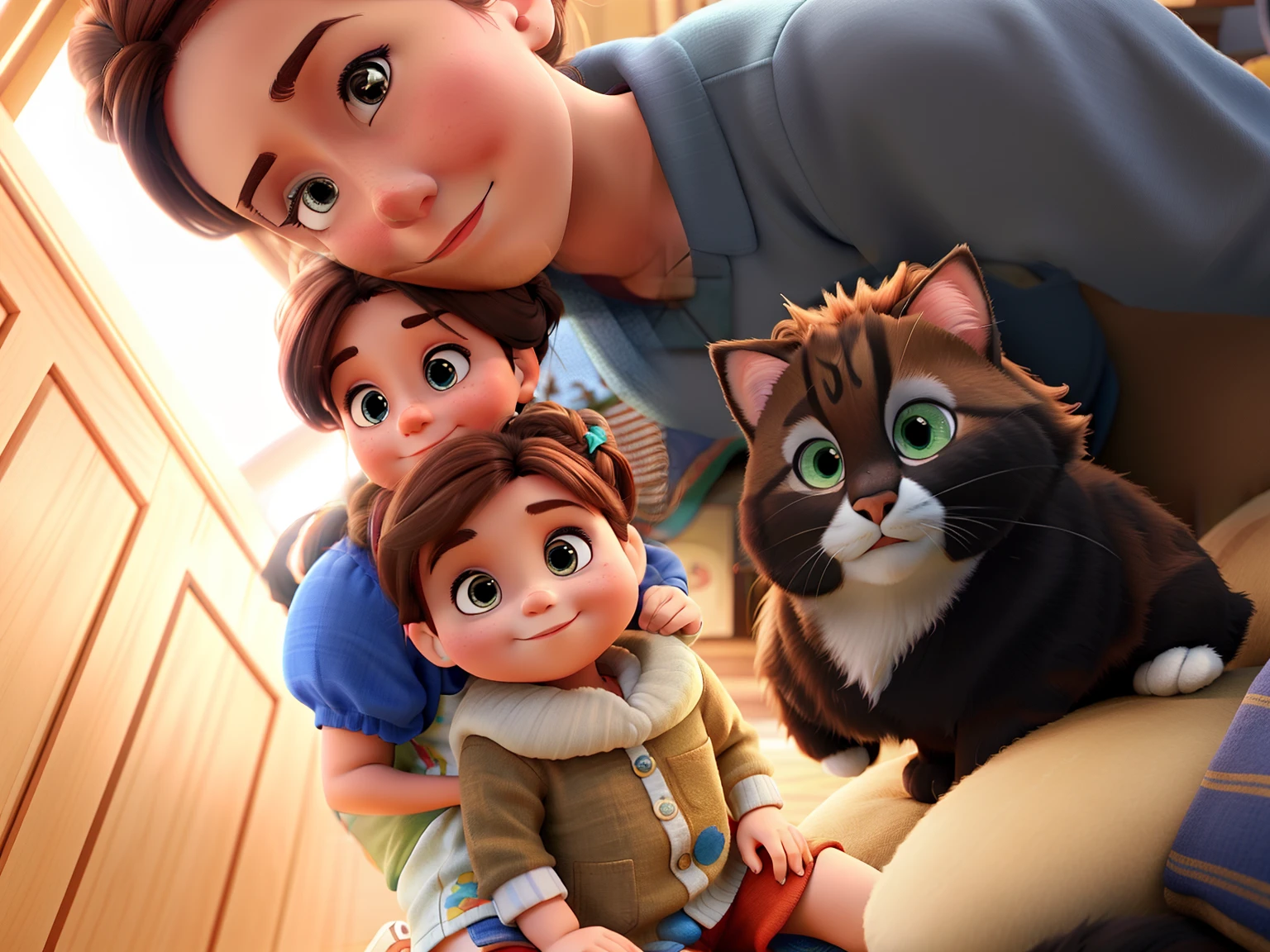 A mother with brown hair bun with baby girl on her lap next to a tricolor cat in Disney Pixar style, alta qualidade, melhor qualidade