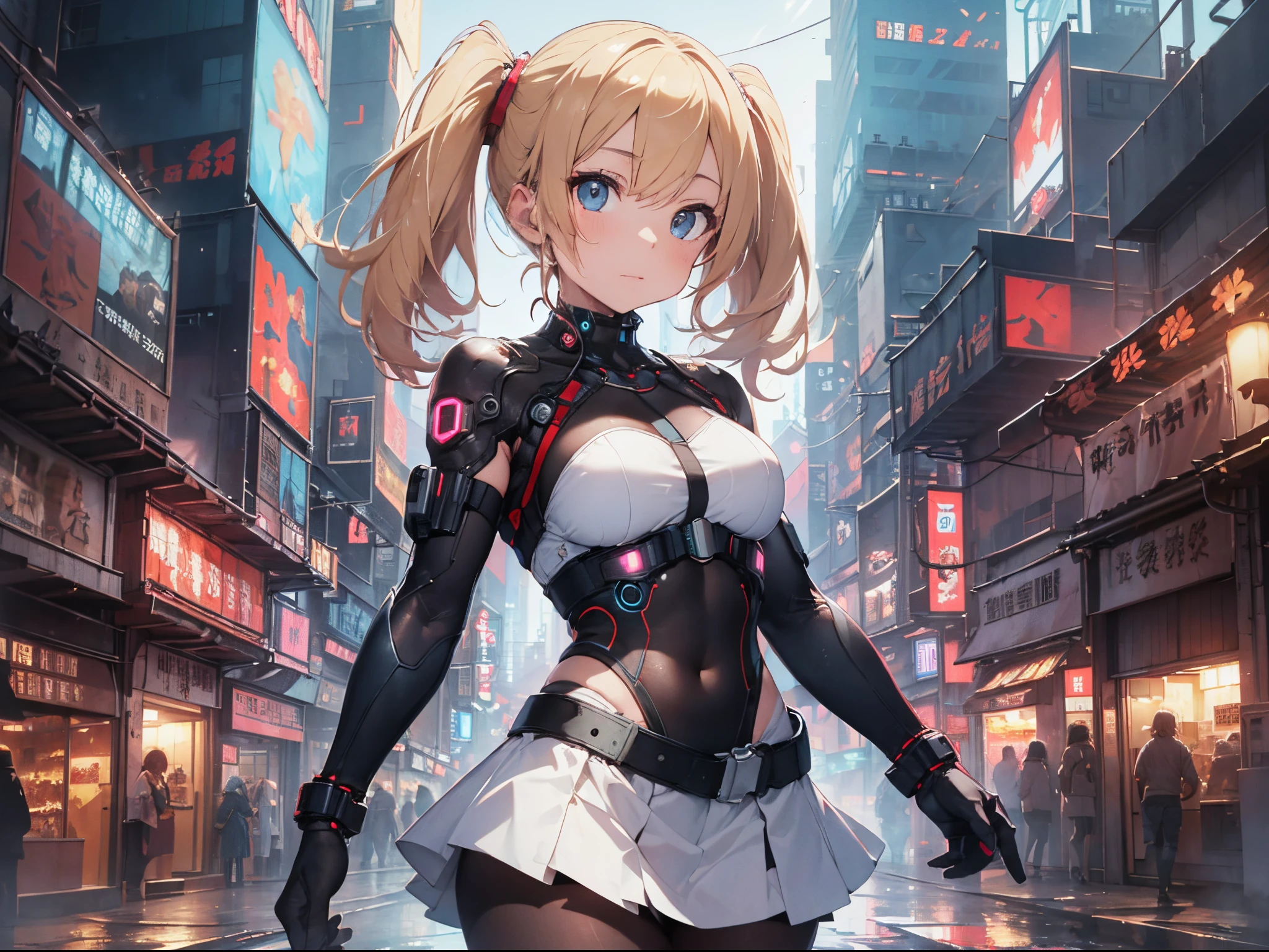 (Best Picture Quality, 4K, High Quality, Masterpiece:1.2), ((Masterpiece)), High Detail, High Quality, (HDR,16k, RAW Beautiful Girl Portrait, Best Picture Quality, Masterpiece:1.2), (Ultra-Definition Illustration), (cyberpunk:1.4), city, extremely cute girl, blond hort hair, pig tail hair, innocent look, slender body, small breast, (detailed white & blue cyber gear), (mechanical wear), tight short skirt,  wearing cyber goggles, armed, sleeveless, detaced sleeve, pantyhose, armpits,