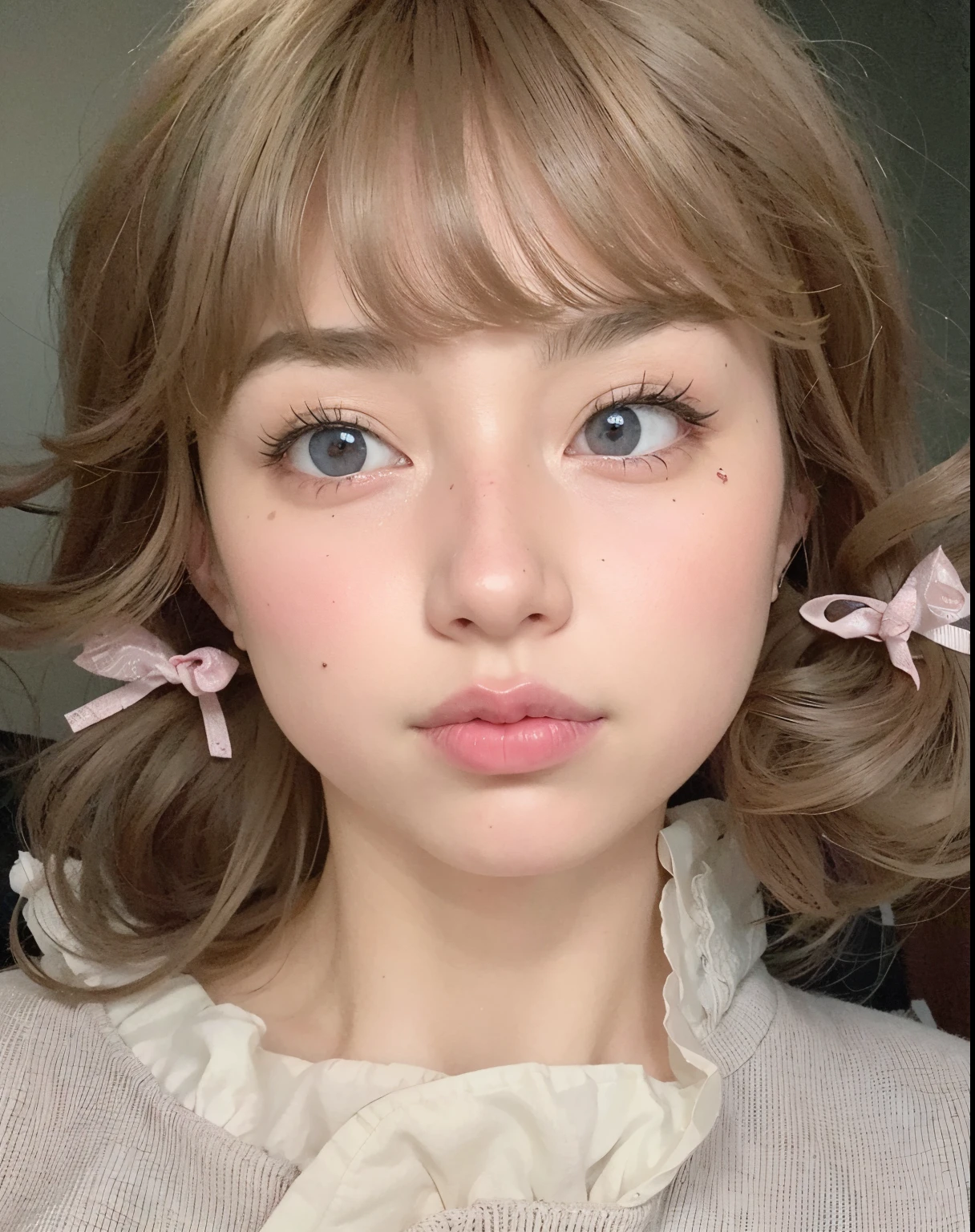 un primer plano de una mujer con un lazo rosa en el pelo, Retrato realista kawaii, Linda cara de anime natural, Pelo rosa de cola doble y ojos cian, Ojos azul pastel, maquillaje suave, Ojos grandes detallados, maquillaje popular de Corea del Sur, Realista hermosos ojos grandes, Bonita cara de anime, ulzzang, Cara linda clara, doll face, flequillo esponjoso