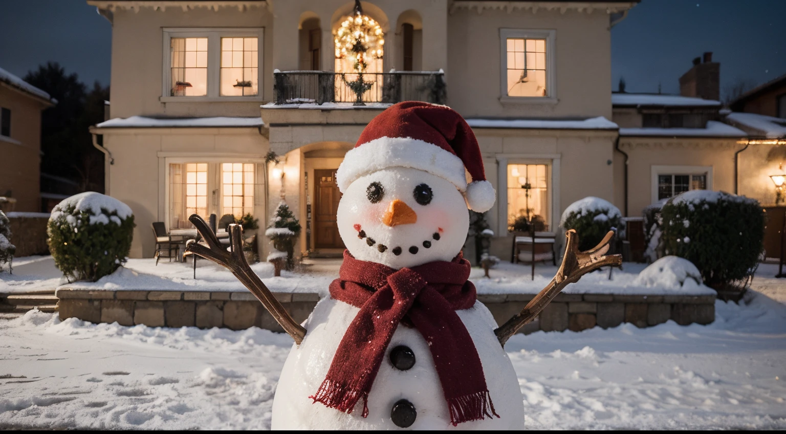 ((La mejor calidad)), ((Obra maestra)), (Detallado), Perfect face christmas snowman with red scarf, beautiful outside an elegant house with christmas decoration, small christmas lantern
