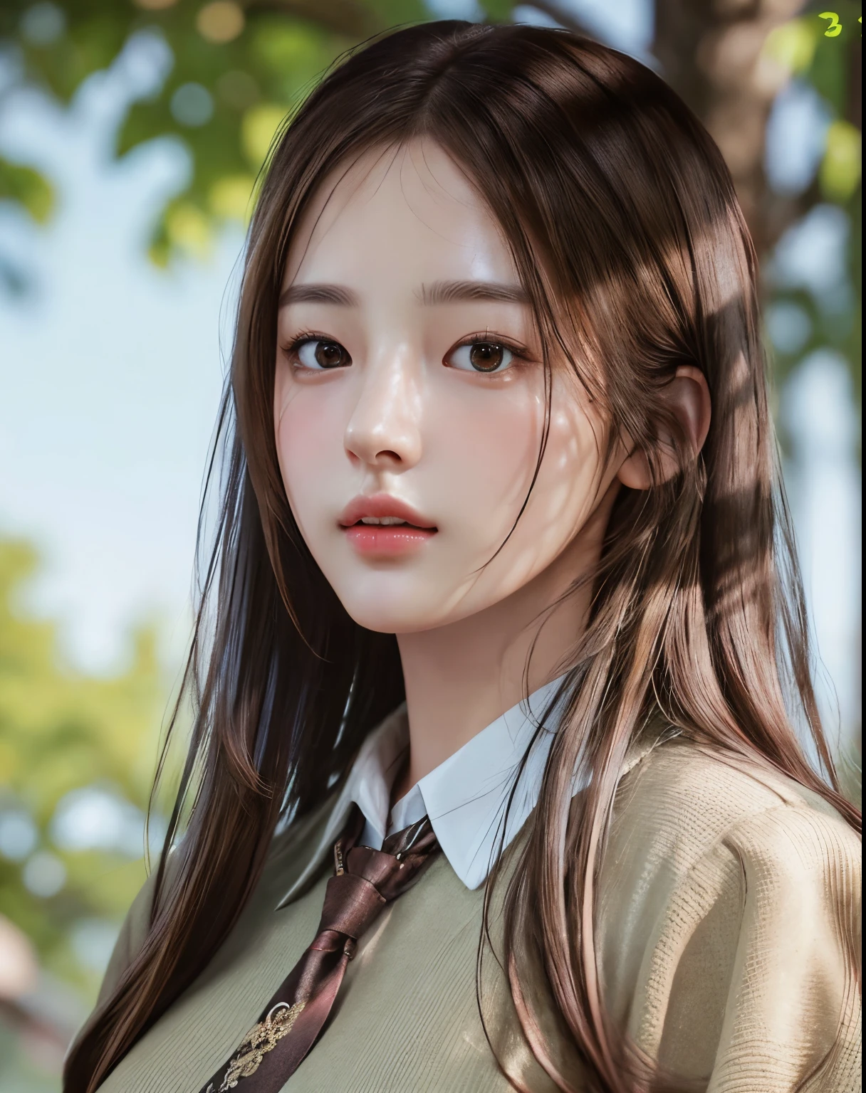 photorealistic, masterpiece, best quality, raw photo, 1girl, solo, long hair, brown hair, detailed face, alluring face, collared shirt, medium breasts, dynamic pose, looking at viewer, from below, detailed background, fine detailed, intricate detail,  ray tracing, depth of field, low key, hdr