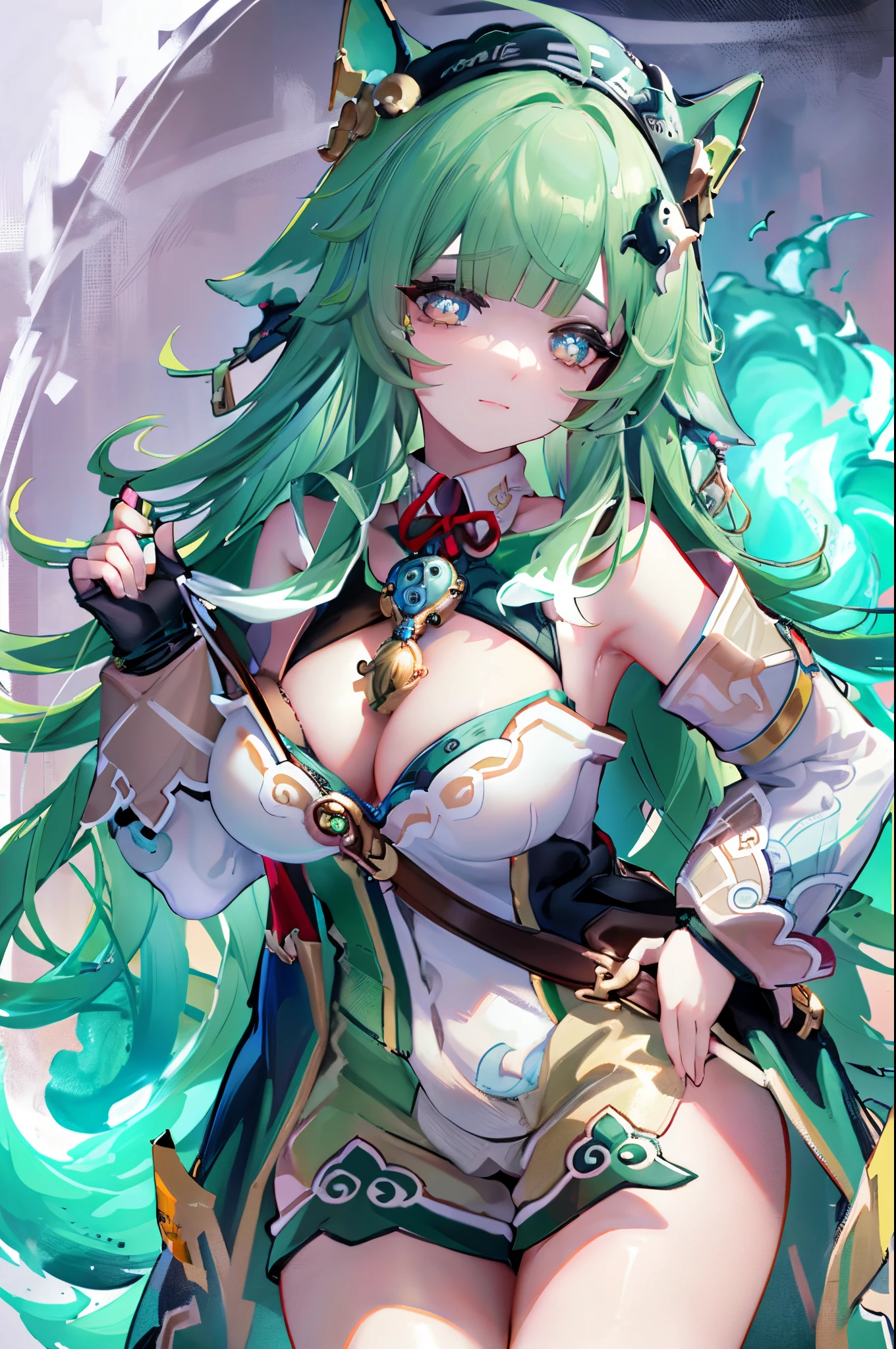 8K, Best quality, tmasterpiece, (ultra - detailed:1.1), (highdetailskin),
(Full body lesbian:1.4), white backgrounid, Eternal, looking at viewert, (Alone:1.3), hand on hips,
fire Fire, 1 plump girl, There is cleavage, Green hair,  Long gray hair,  Animal ears, end, 
(white backgrounid, simple backgound:1.4),
( nice hand, pretty hand:0.5),
(The beautiful_the face), ((iintricate_the detail)), Clear face,
((finely_Detailed pubic hair)), the good_Clothes are_to emphasize,
((smooth private parts)), full_shooting,