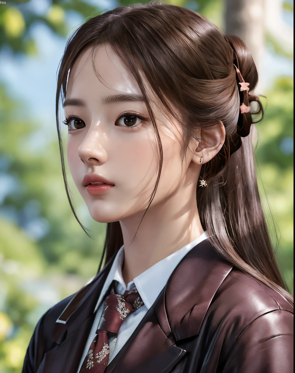 Photorealistic, masutepiece, Best Quality, Raw photo, 1girl in, Solo, Long hair, Brown hair, half updo, Detailed face, alluring face, Collared shirt, medium breasts, Dynamic Pose, Looking at Viewer, From below, Detailed background, fine detailed, intricate detailes,  Ray tracing, depth of fields, lowkey, nffsw