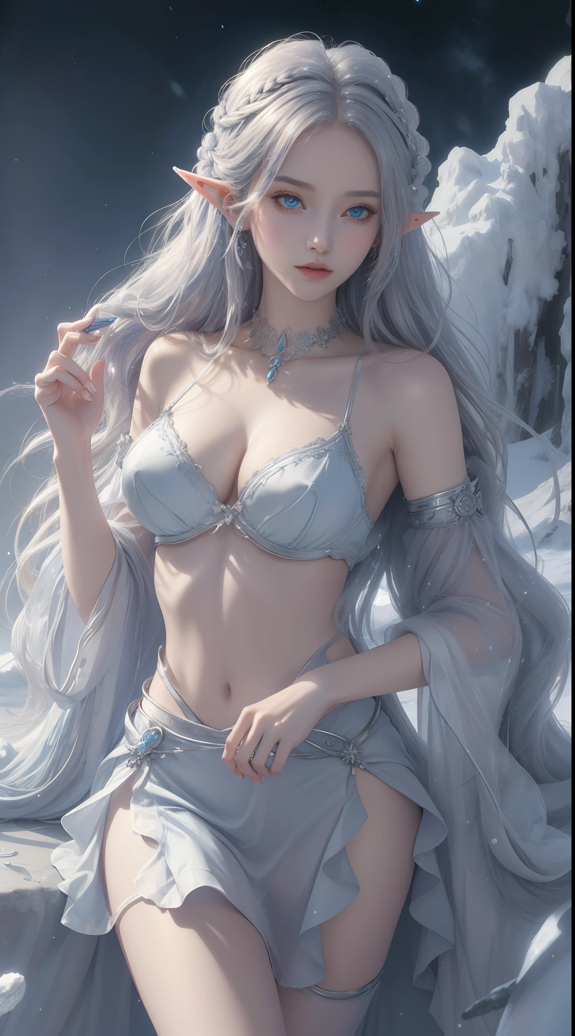 tmasterpiece,Highest image quality,Beautiful half length portrait of noble elf girl,Delicate silver hairstyle,clear sky blue eyes,Various well-made jewelry gauze skirts,snowy desert,Moonlight super detailed,advanced。At the Pixiv Art Station,Break your own power,Luigi,Big breasts exposing cleavage,R-18G