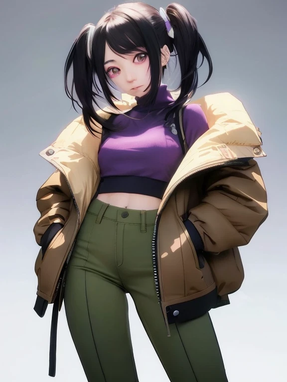 Chica anime con cabello negro, top morado y pantalones verdes., high quality anime artstyle, Obras de arte al estilo de Guweiz, Anime Moe Artstyle, Personaje de estilo anime, Anime visual de una chica linda, Estilo anime, Estilo realista de anime 3D, Personaje femenino de anime, Anime style. 8k, Anime estilo 3D, realistic anime artstyle, Personaje de anime