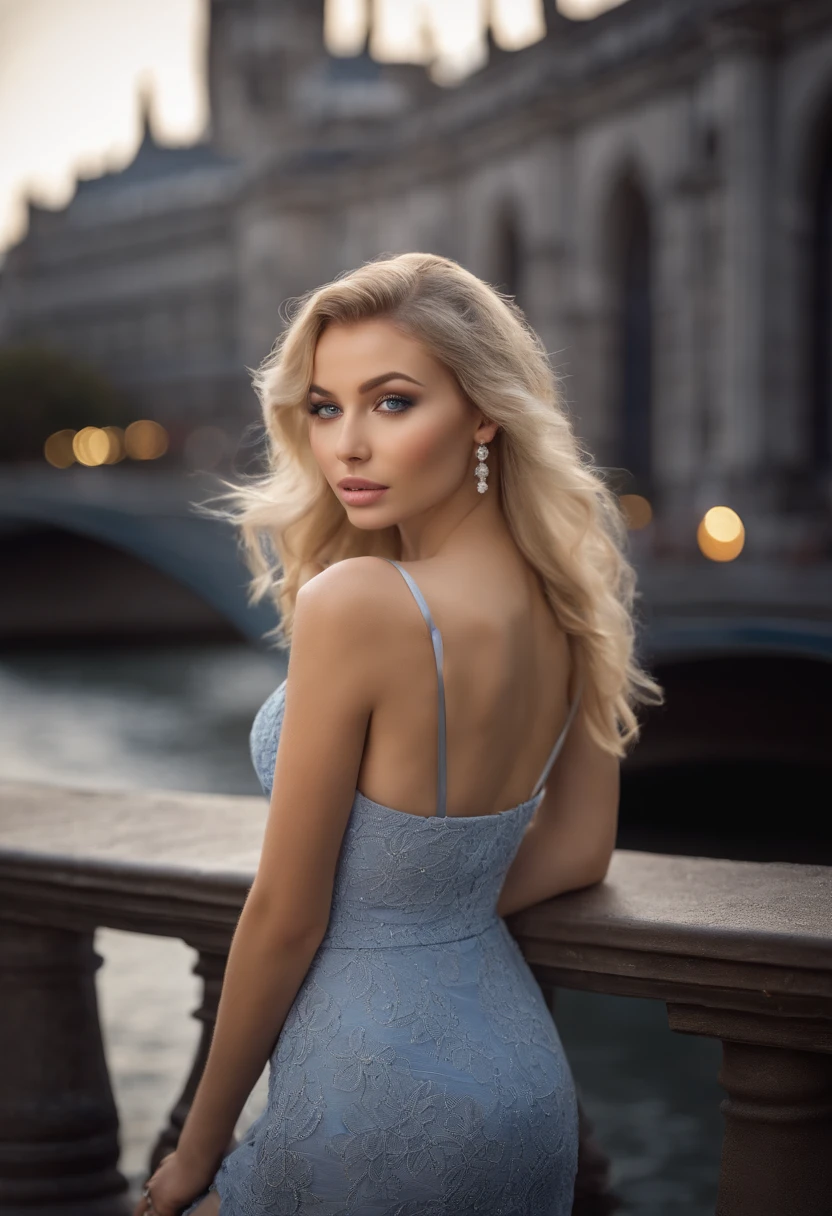 A poised and alluring woman with captivating blue eyes, resembling the ultra-realistic Sophie Mudd. Blonde girl, She wears natural makeup, exudes a sexy charm in a short dress, blonde hair color and poses in London bridge setting with a prominent bust.