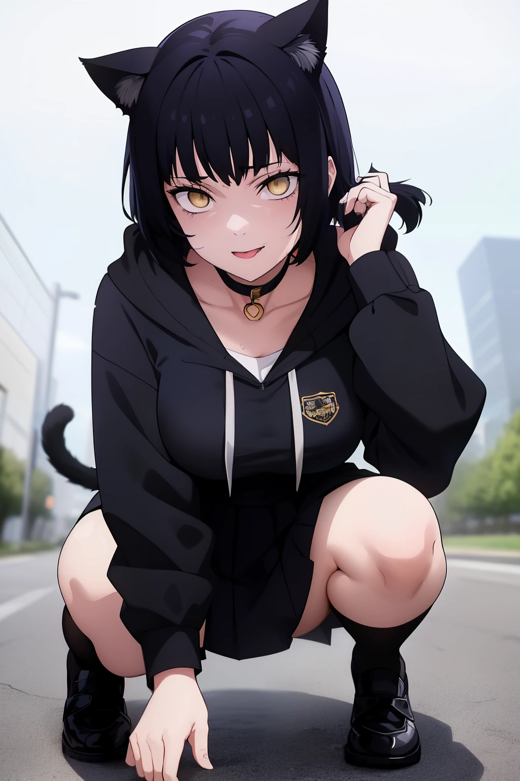 Cute girl, dark green hair, yellow eyes, short hair, cat ears, cat tail, cat collar, sexy ,beautiful eyes,Cute pause, full body,Draw hands better, dark green hair, beautiful smile,, draw the hand well, Lifting her ass, Tongue outside the mouth, bad girl,going to school,school, School clothes, Skirt + hoodie, High quality drawing, She crawls on the ground like a cat and puts her hand near her mouth. There is nothing in the background, an empty background,walk like a cat,